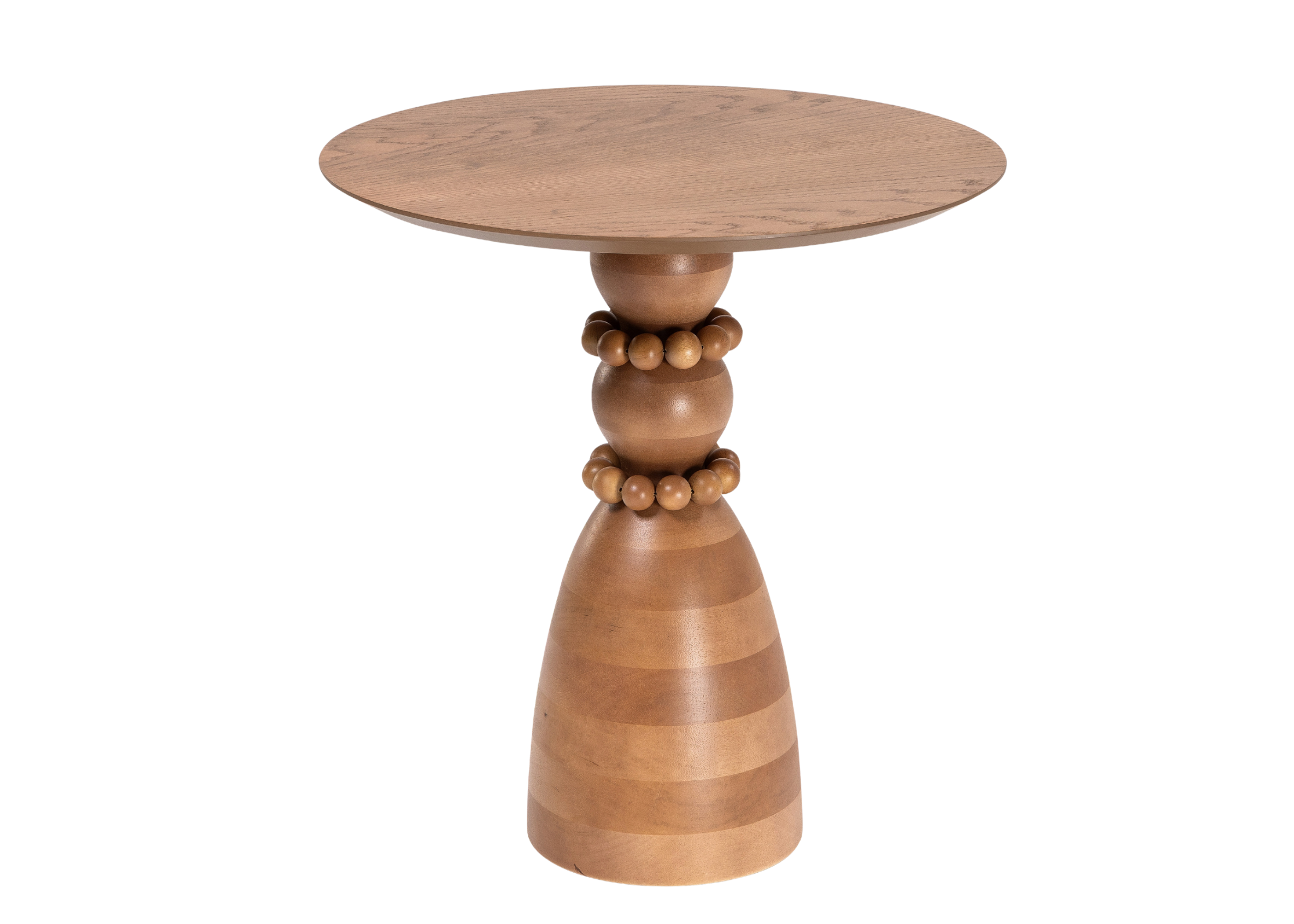 Mesa de Apoio Pérola em madeira maciça com tampo redondo e design escultural sofisticado