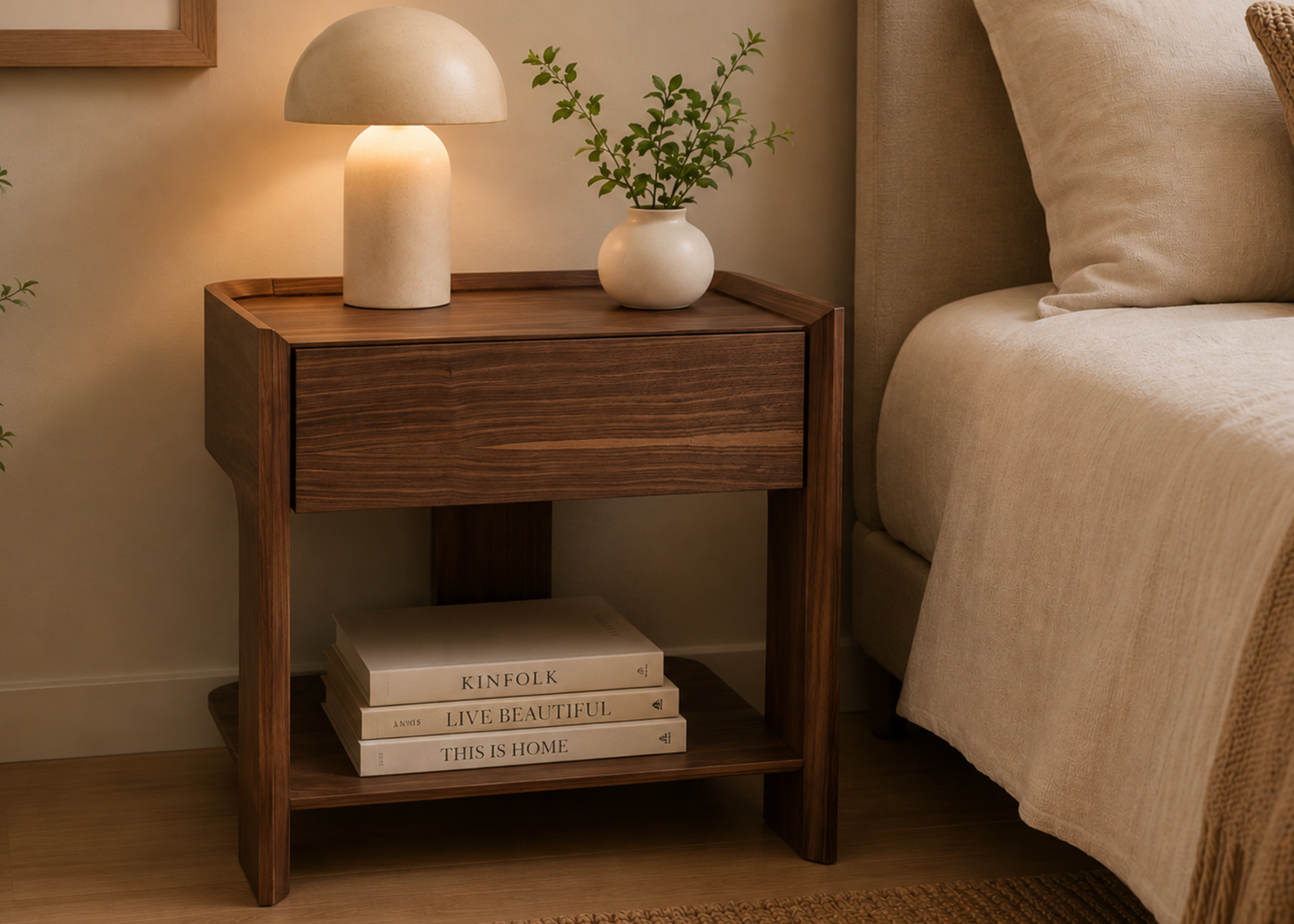 Mesa de Cabeceira Flat com gaveta integrada e visual minimalista para decoração moderna e acolhedora.