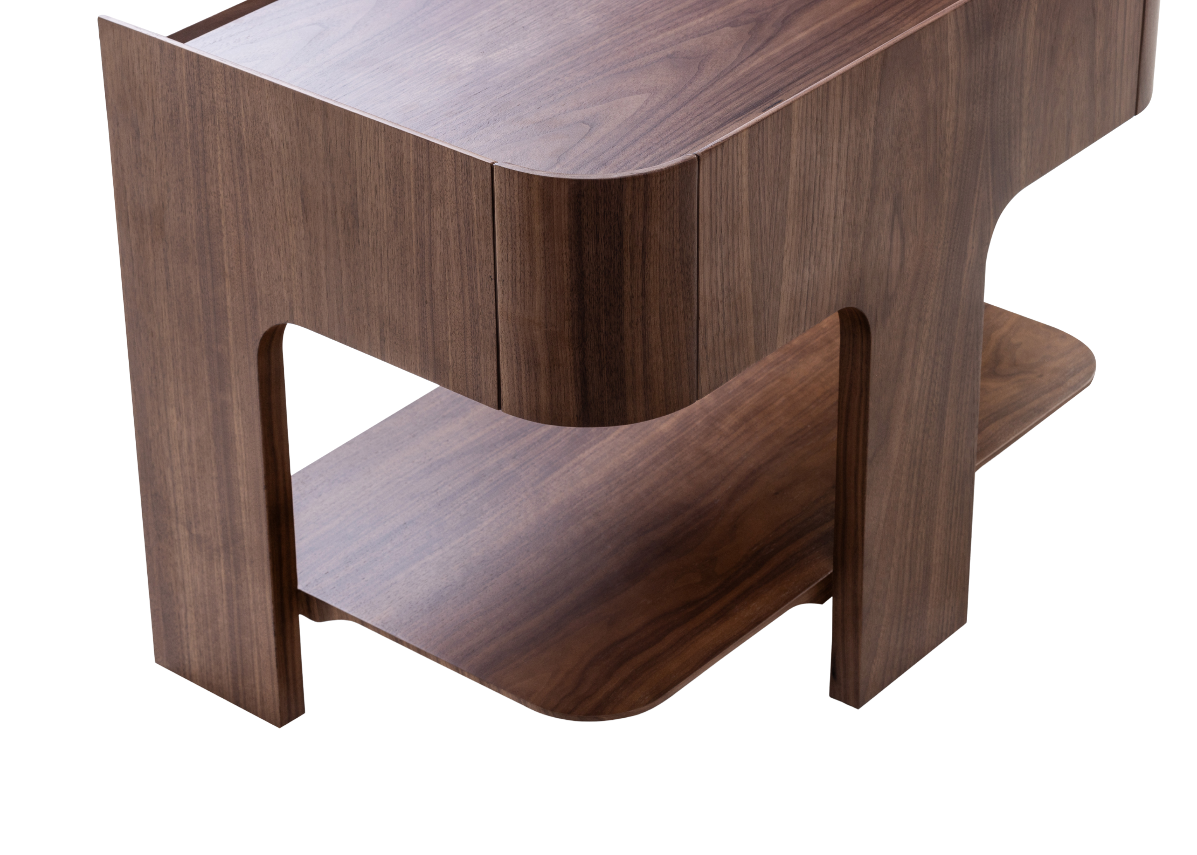 Mesa de Cabeceira Flat em lamina de madeira com design clean e cantos arredondados para ambientes sofisticados.