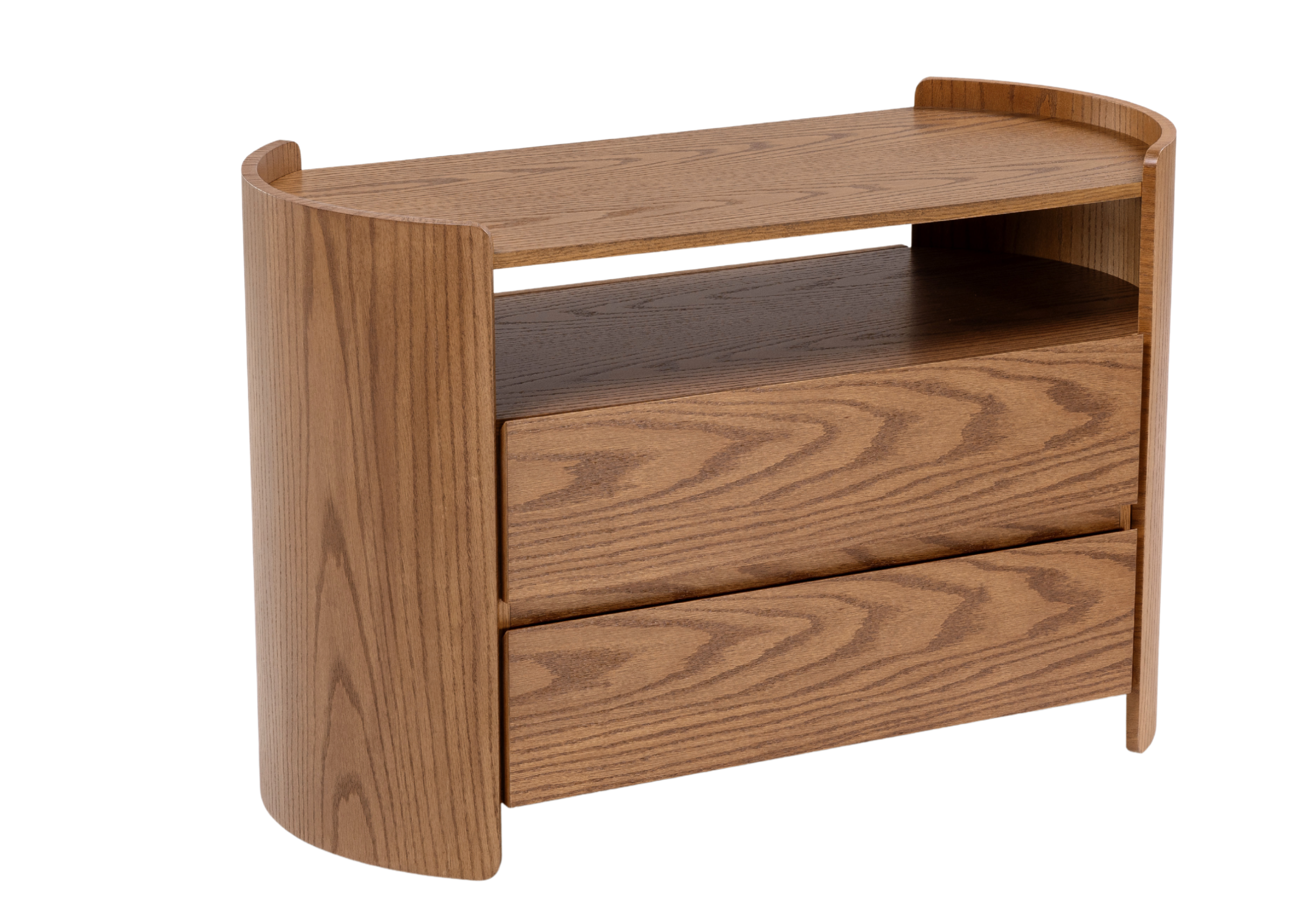 Mesa de Cabeceira Lotus em madeira natural com linhas curvas, nicho superior e gavetas amplas para quartos sofisticados.