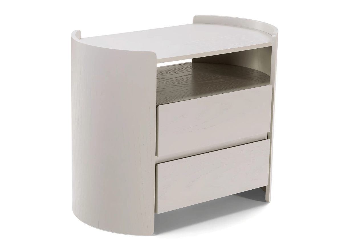 Mesa de Cabeceira Lotus com estrutura em madeira e design curvo.