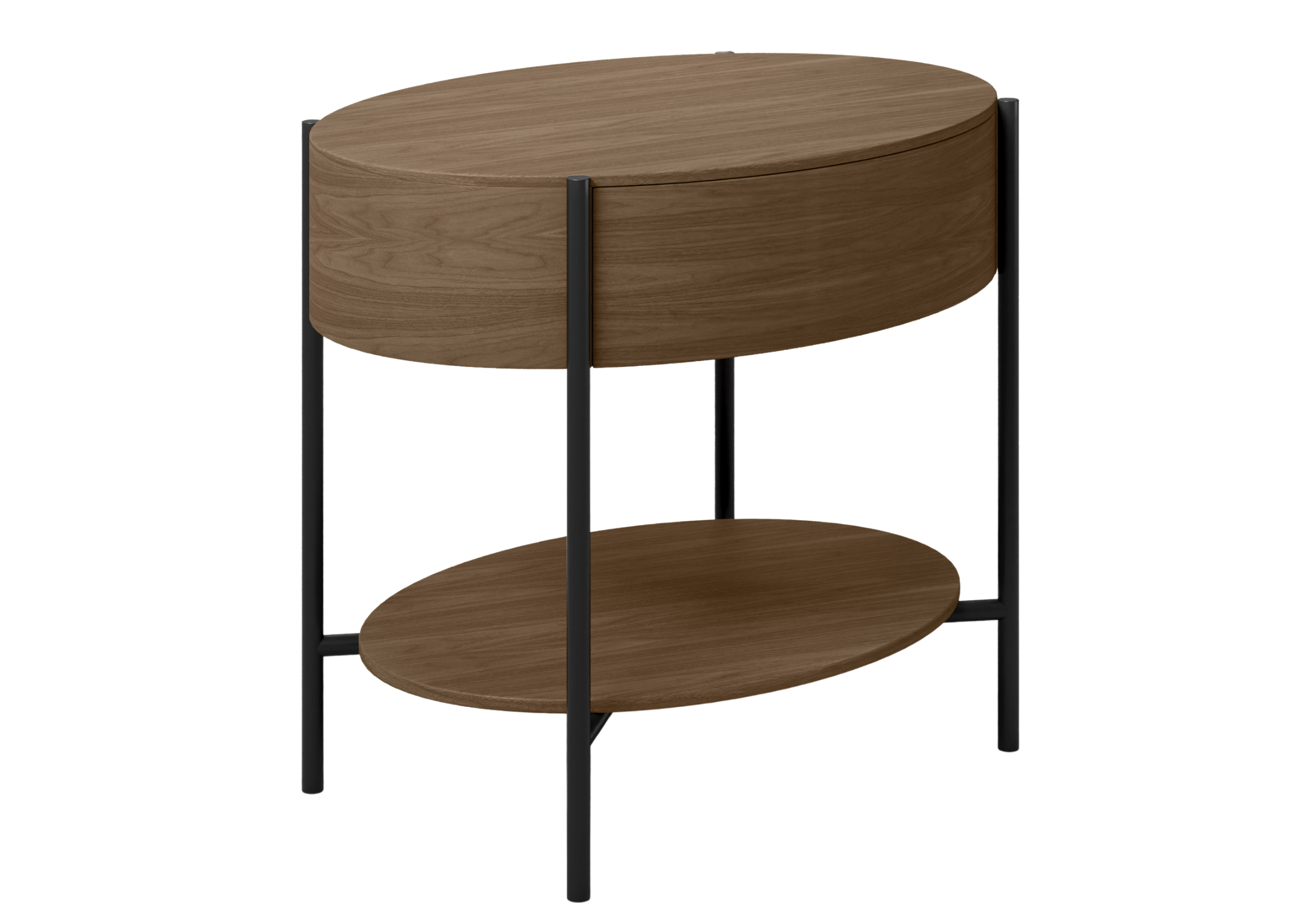 Mesa de Cabeceira Still com estrutura oval em madeira e base em metal preto com design contemporâneo para quarto sofisticado.