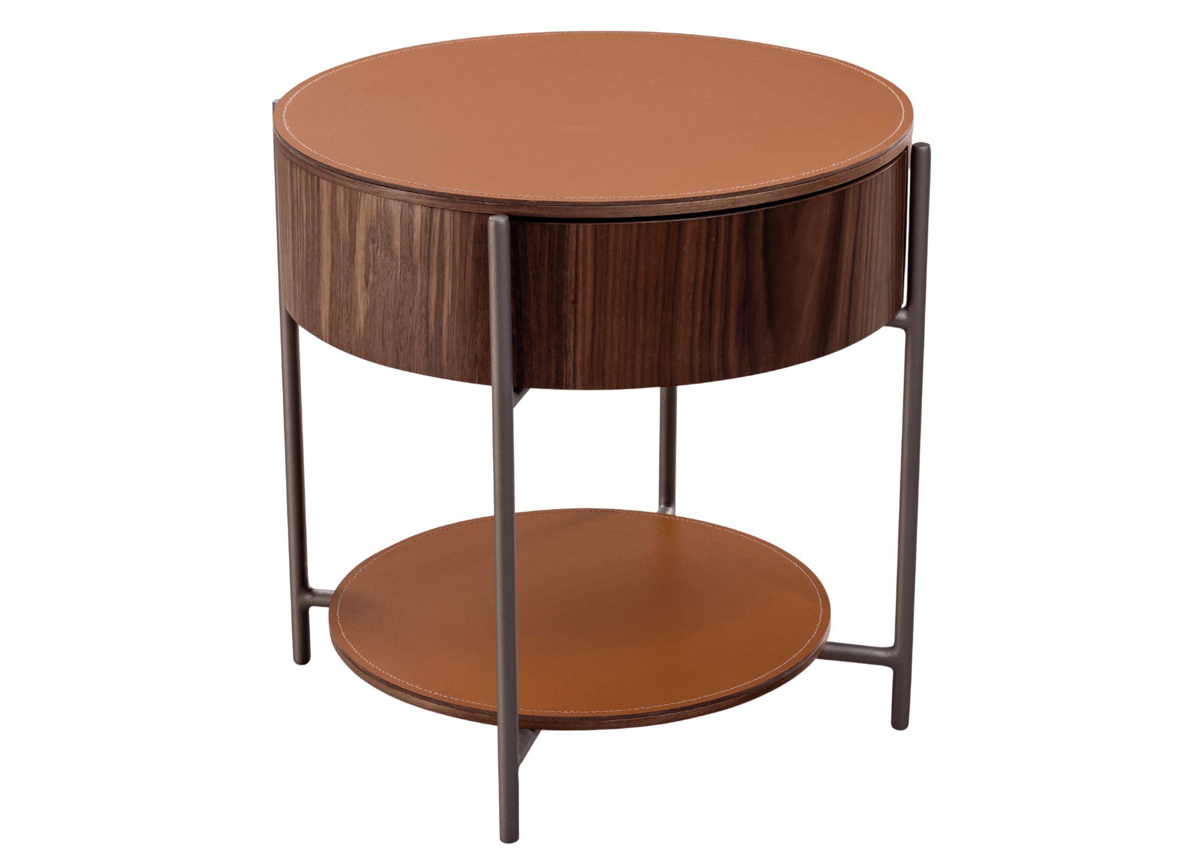 Mesa de Cabeceira Still com estrutura oval em madeira e base em metal preto com design contemporâneo para quarto sofisticado.
