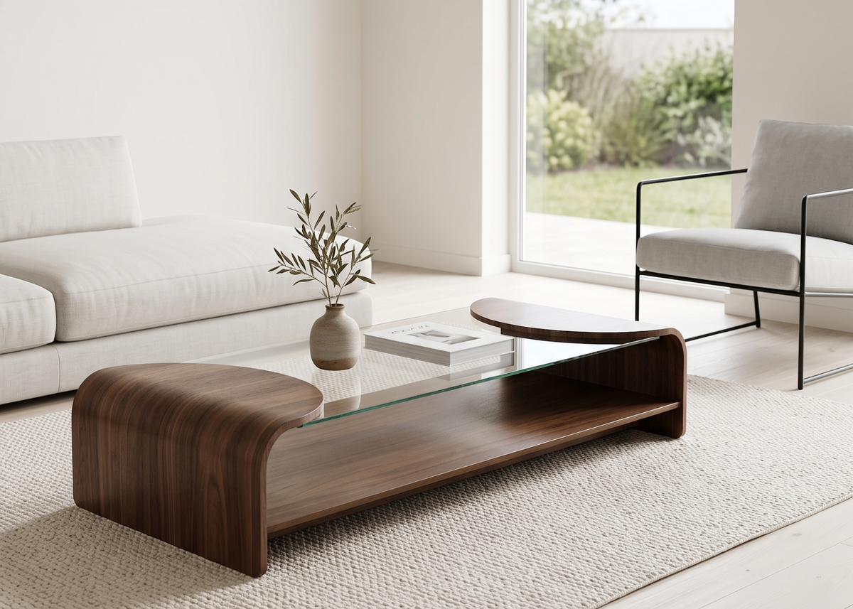 Mesa de Centro Arven com acabamento em lâmina de madeira, tampo transparente e prateleira inferior para objetos decorativos.
