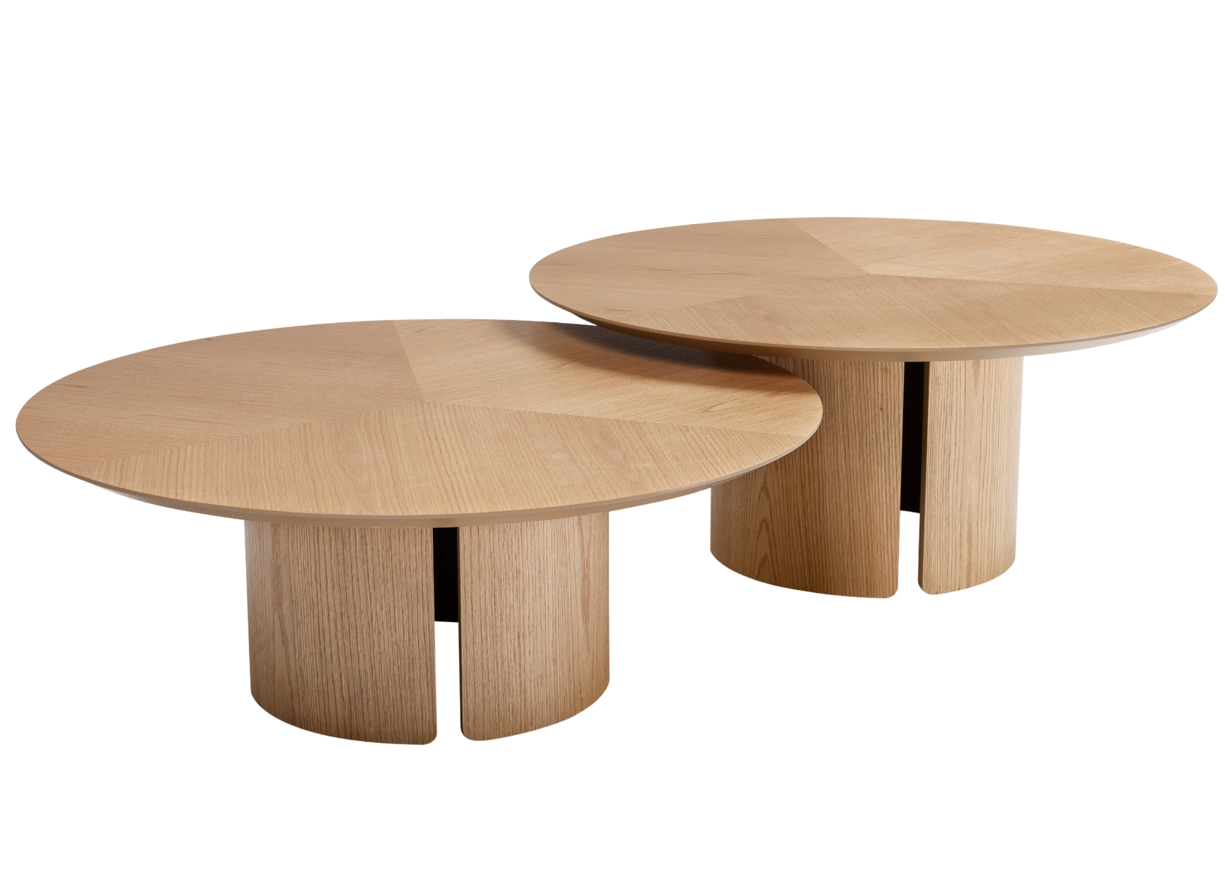 Mesa de Centro Áurea em MDF laminado com tampos circulares em alturas diferentes, design moderno e elegante para sala de estar sofisticada.
