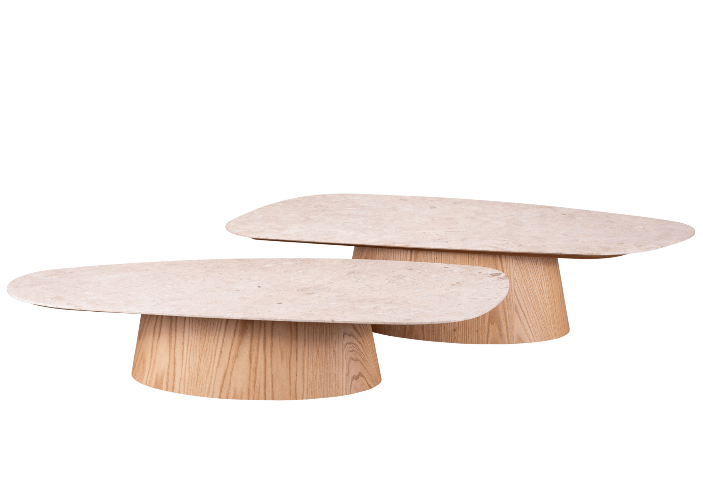 Mesa de centro com tampo em mármore e base de madeira laminada