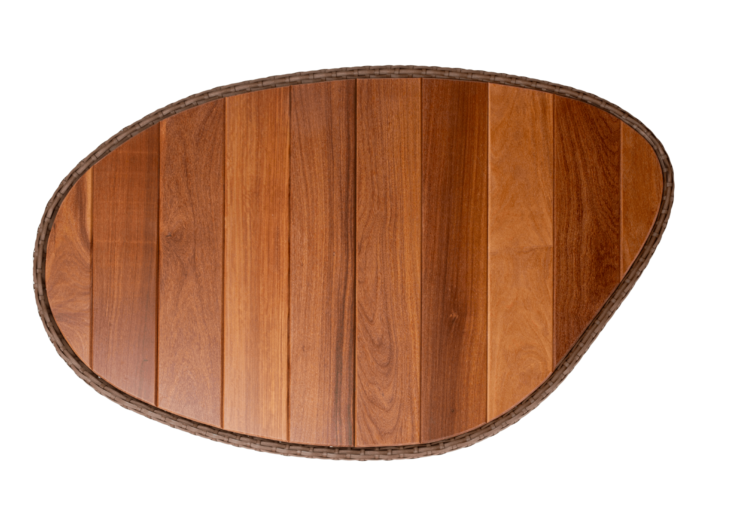 Mesa Eloá com design curvo e acabamento natural em destaque