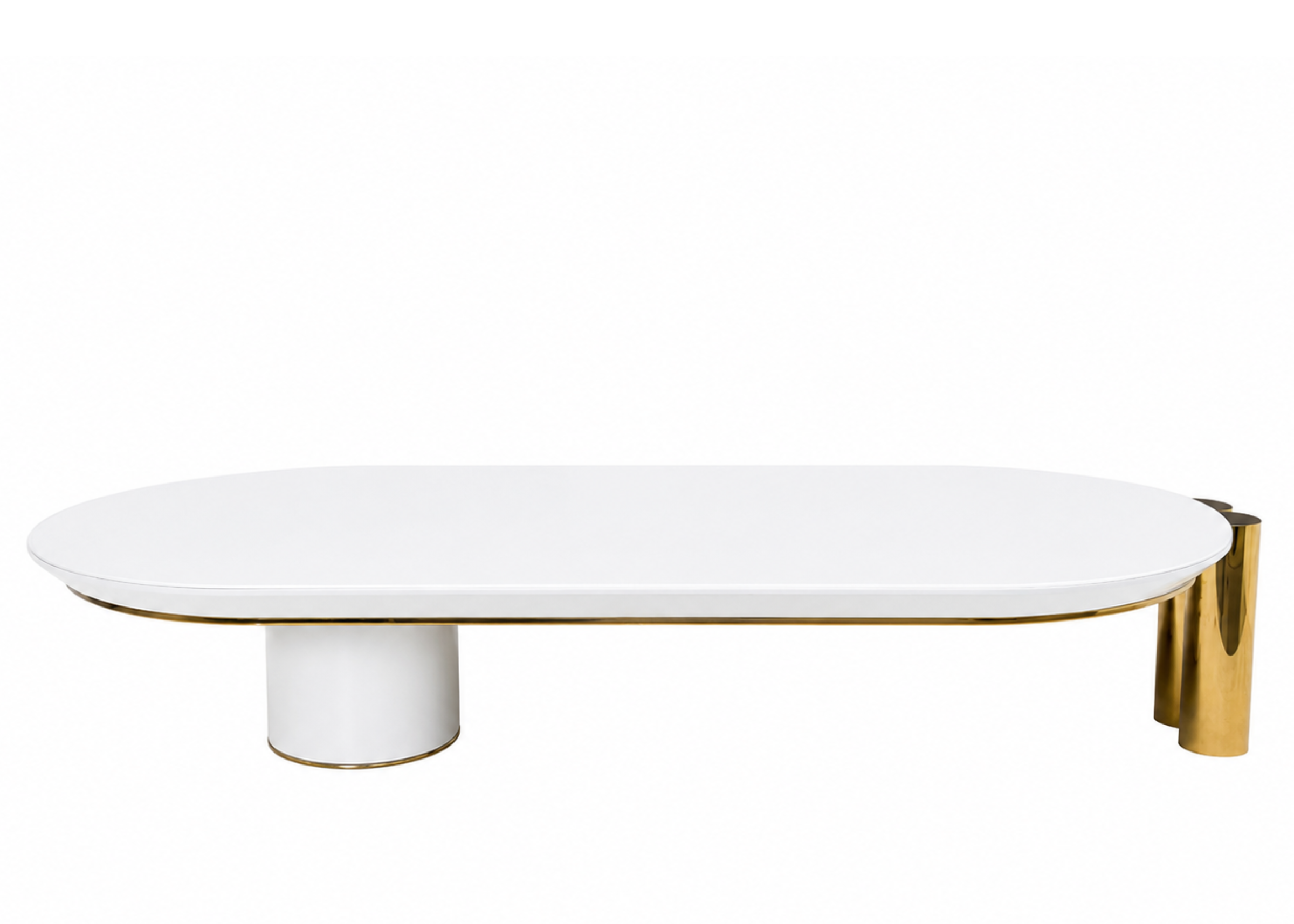 Mesa de Centro Lizzie com design orgânico, base em madeira e detalhes metálicos, perfeita para ambientes sofisticados.