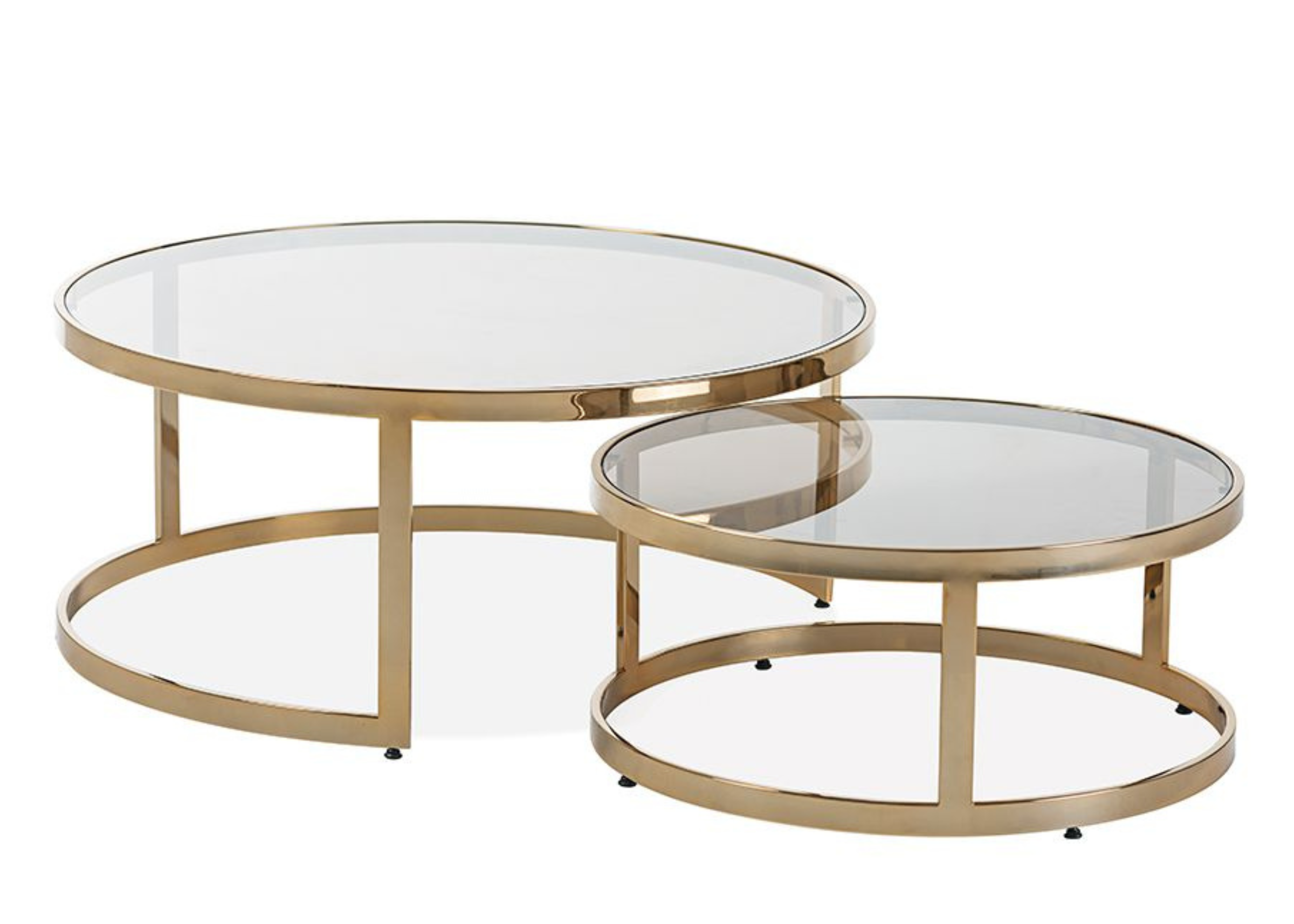 Mesa de Centro Nysa com tampo de vidro incolor e base em aço inox dourado, design contemporâneo para ambientes sofisticados.