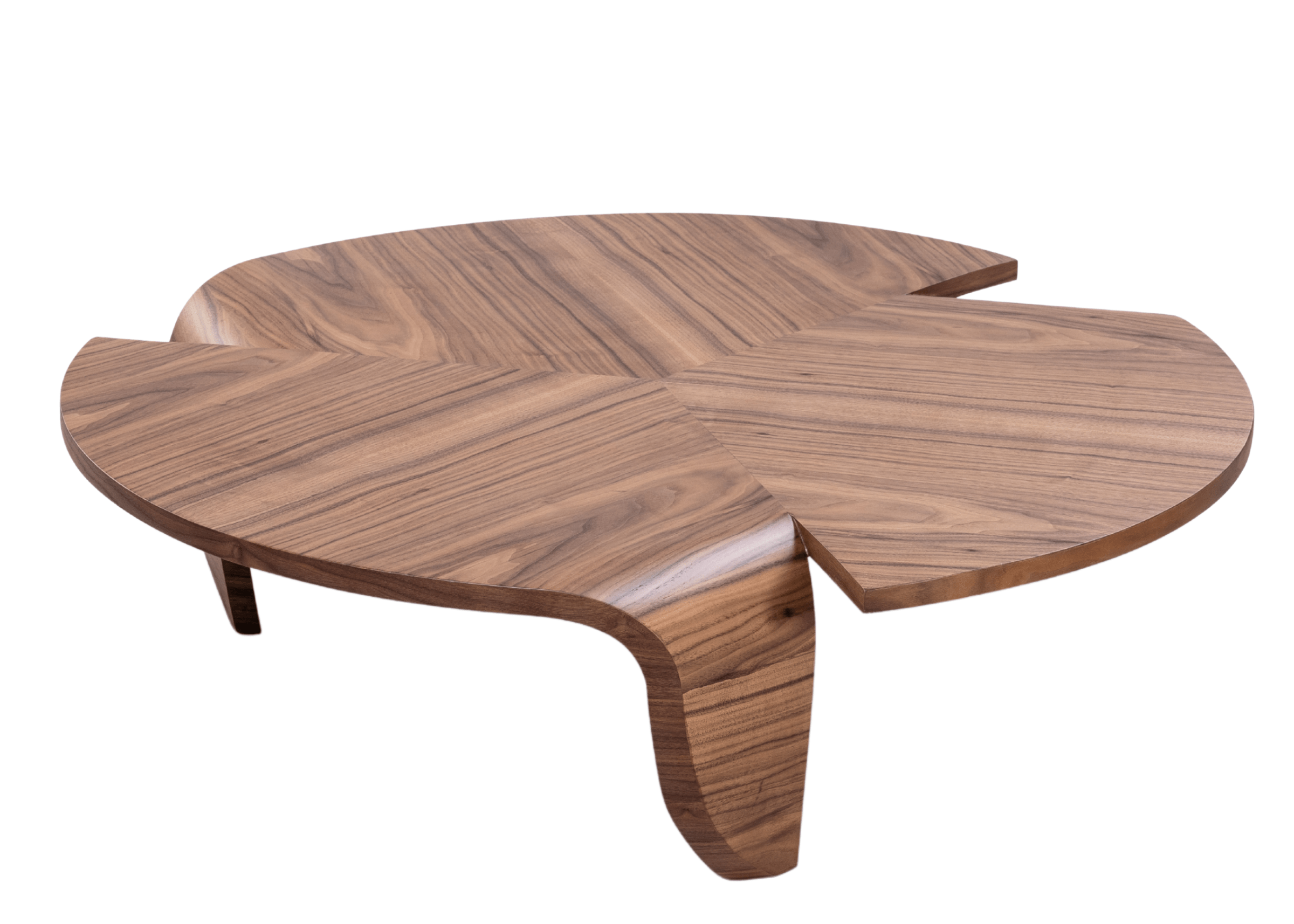 Mesa de Centro Órbita com design orgânico e acabamento em lâmina de madeira.