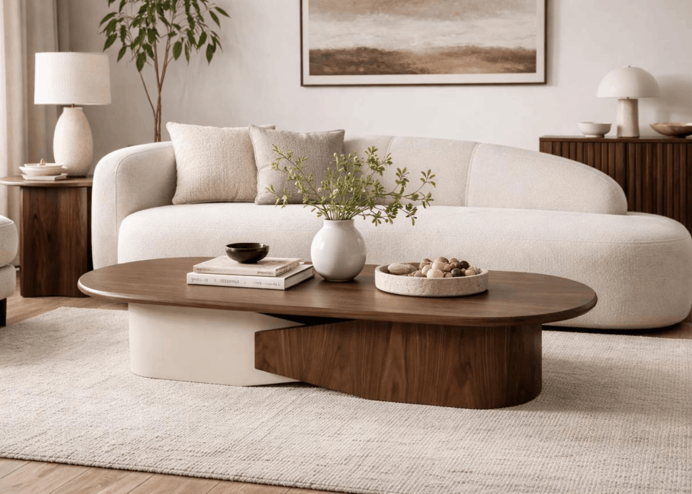 Mesa de Centro Smith em sala contemporânea com composição de lâmina amadeirada e base em laca.