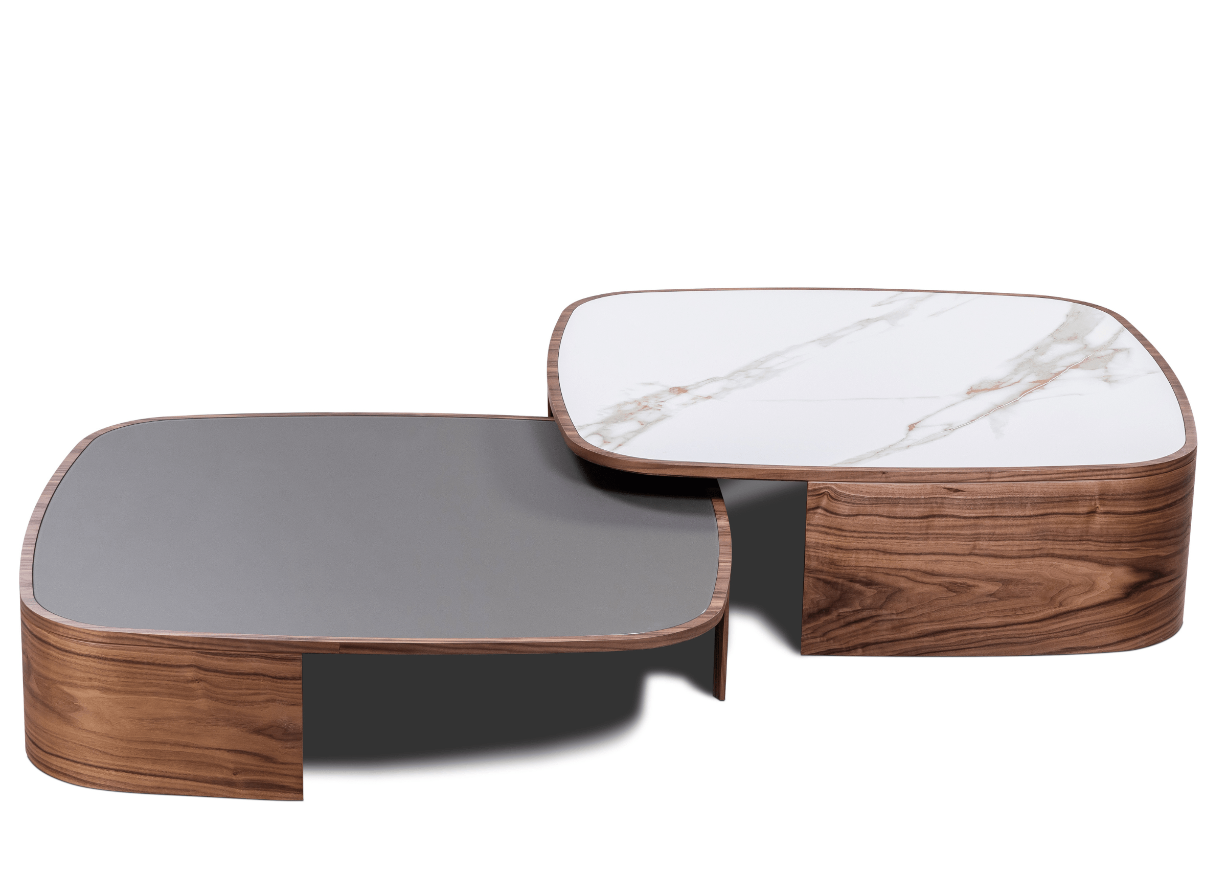 Mesa de Centro Zeus com tampo laqueado e TS e base em lâmina de madeira.