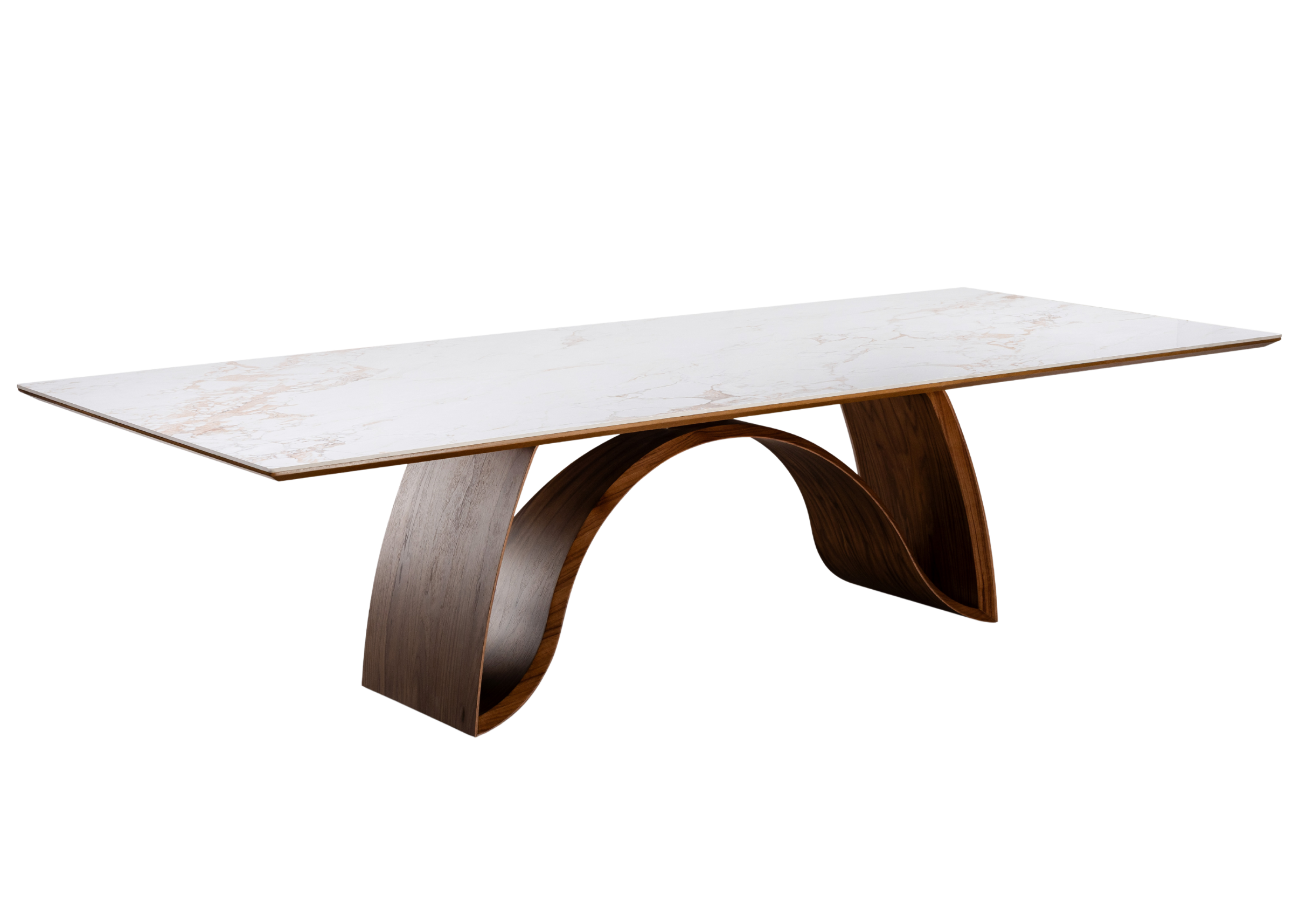 Mesa de Jantar Ares com tampo em pedra sinterizada clara e base curva em madeira de design contemporâneo
