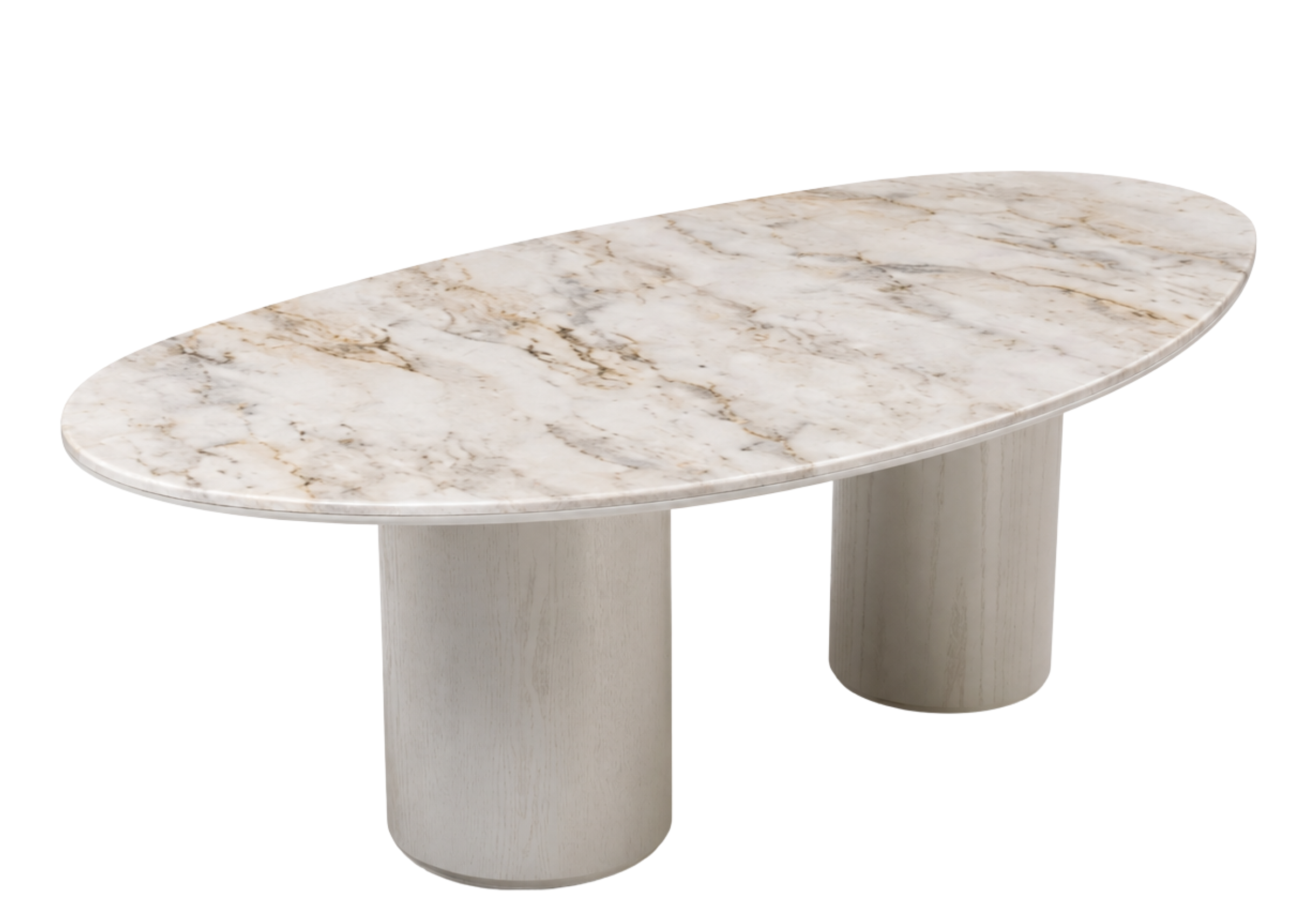 Mesa de Jantar Astrid com tampo em mármore de formato orgânico e base cilíndrica em lâmina de madeira clara.