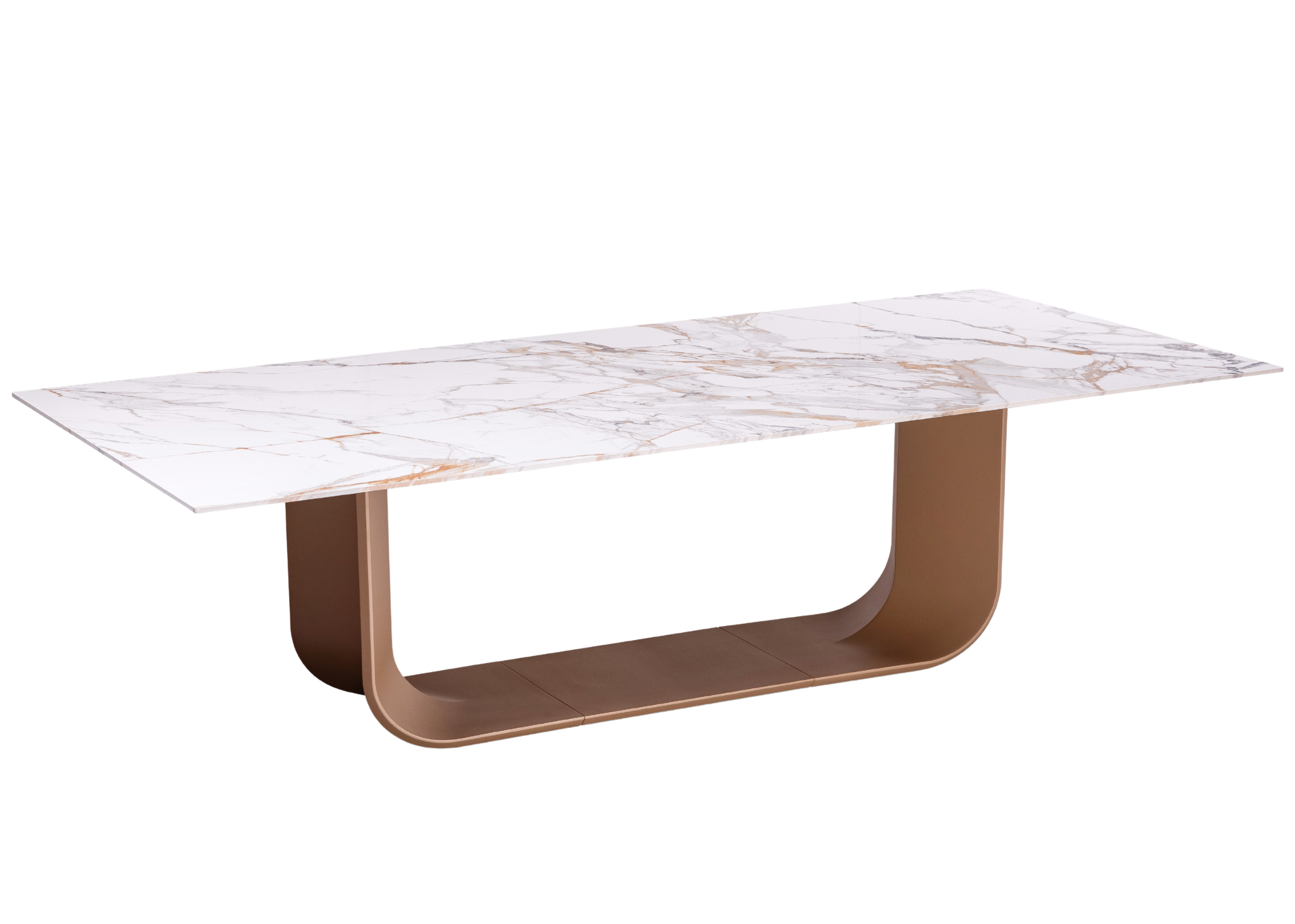 Mesa de Jantar Bell com tampo em pedra sinterizada marmorizada e base curva em MDF laqueado contemporâneo