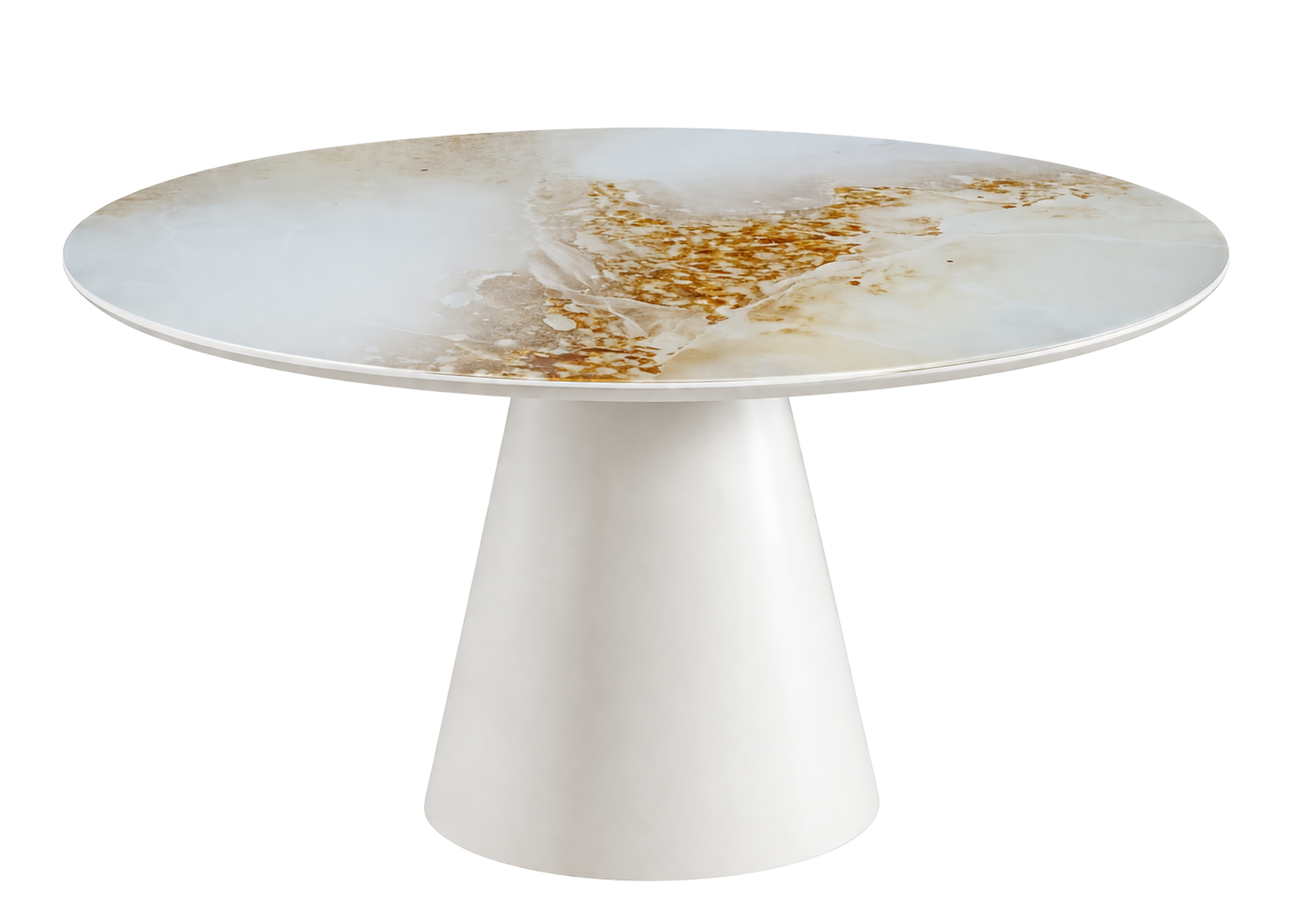 Mesa de jantar Cone com base cônica e tampo laqueado com vidro, design moderno para salas de jantar sofisticadas.