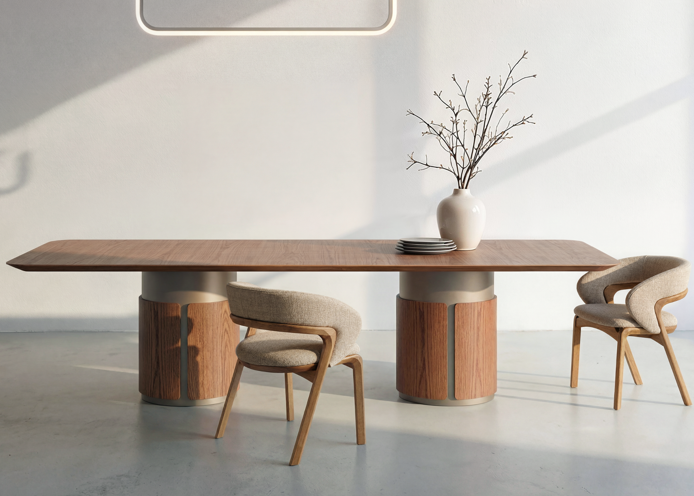 Mesa de Jantar Cylen com design contemporâneo, tampo amplo em madeira e dupla base cilíndrica de alto padrão.