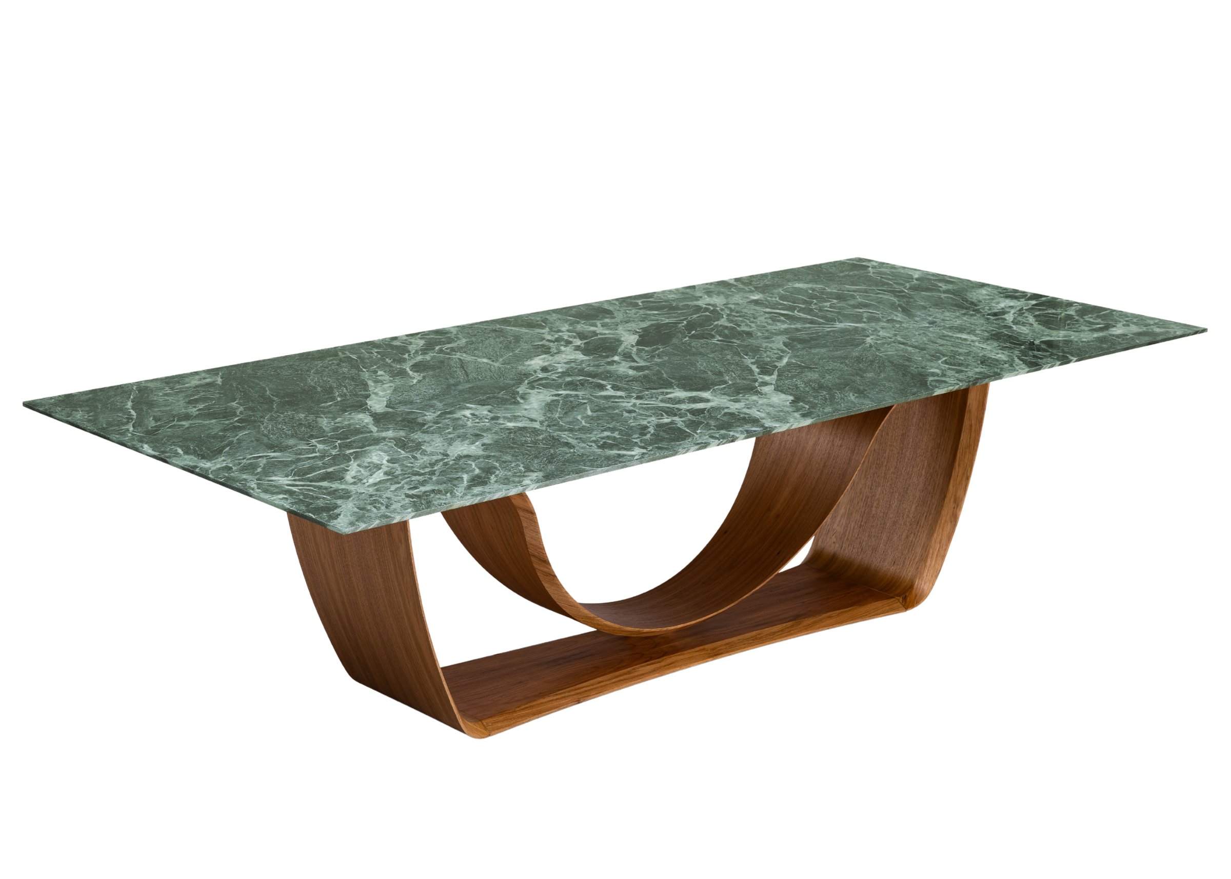 Mesa de Jantar Davi com tampo em pedra sinterizada verde e base curva em madeira de design escultural