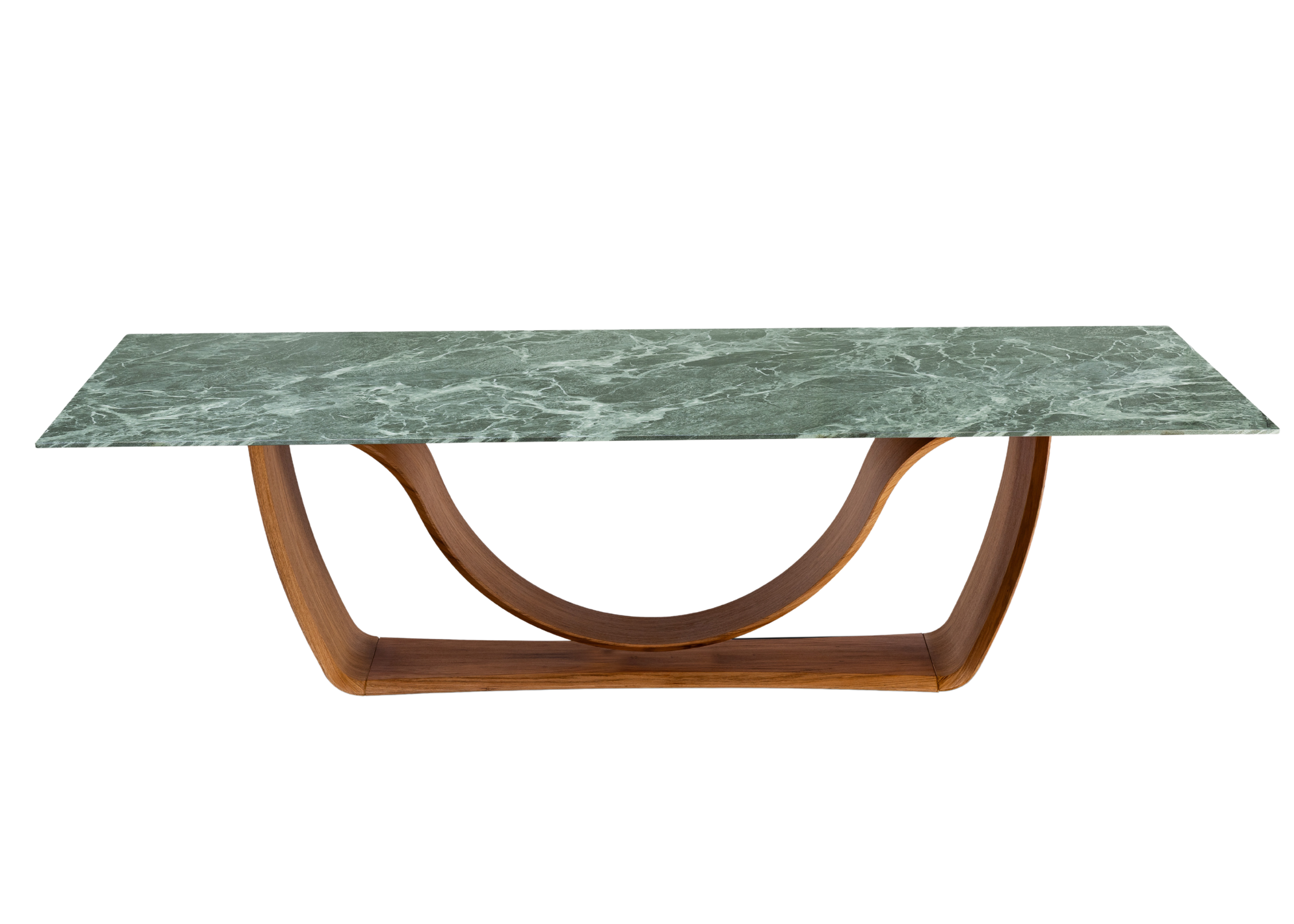 Mesa de jantar moderna Davi com estrutura orgânica em madeira e acabamento sofisticado em pedra sinterizada