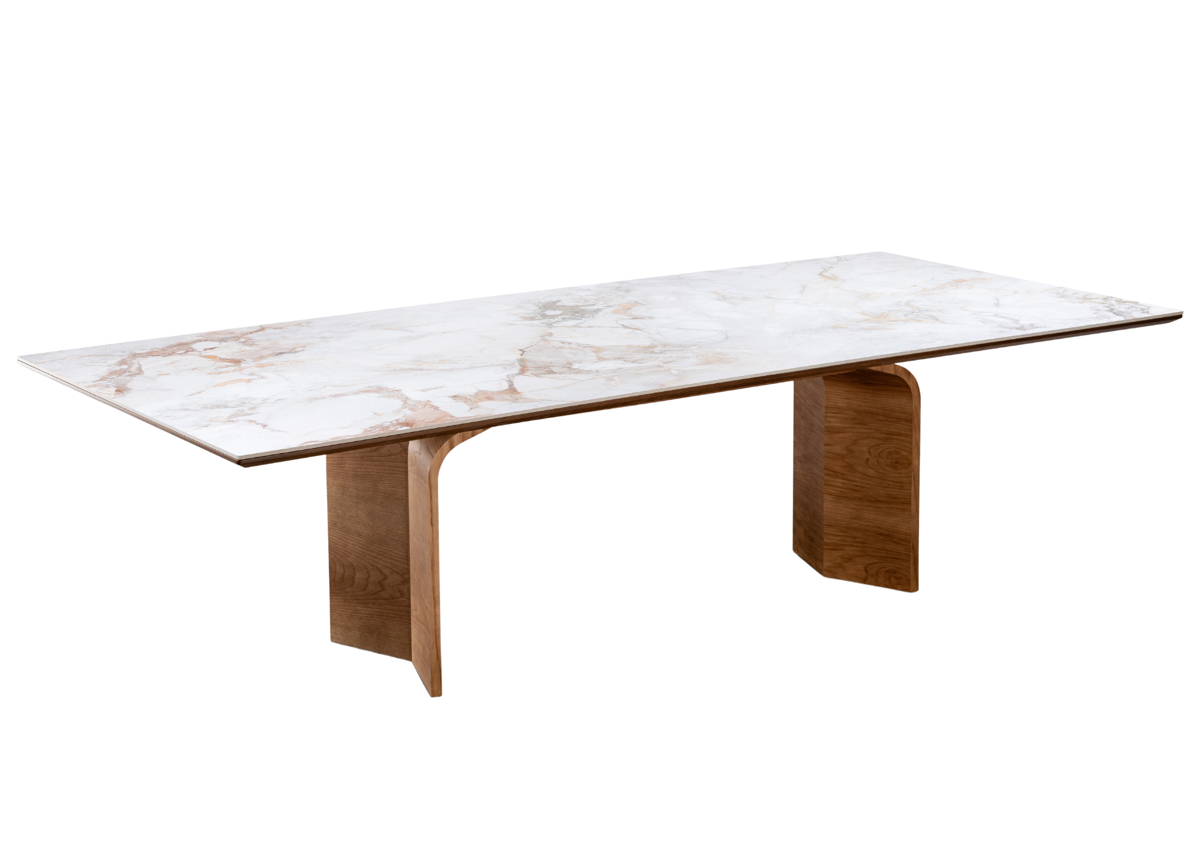 Mesa de Jantar Dressa com tampo em pedra sinterizada marmorizada e base curva em lâmina de madeira natural contemporânea