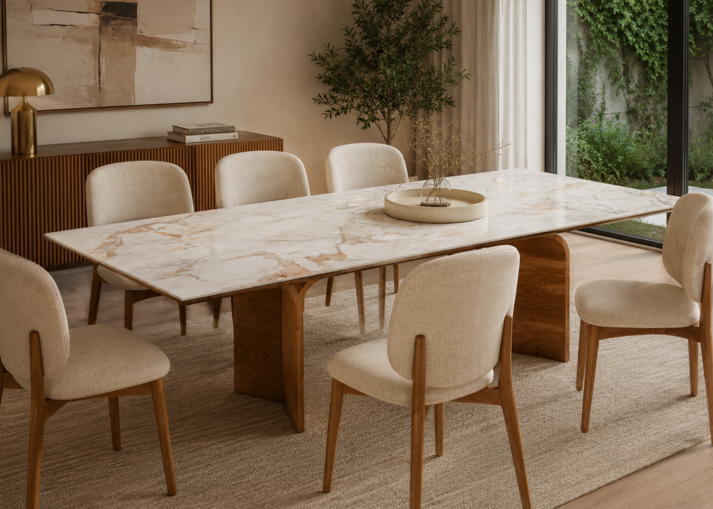 Mesa de jantar moderna Dressa com design minimalista, tampo retangular em pedra sinterizada e base escultural curvada