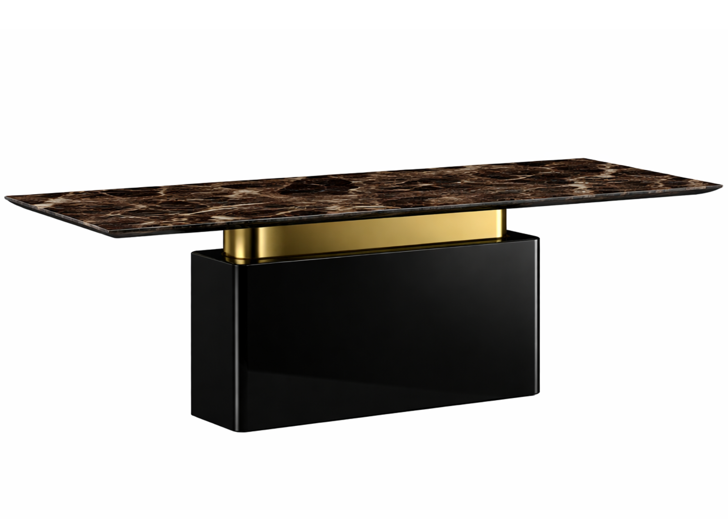 Detalhe da mesa Favo Slim com base em inox, destacando design contemporâneo e acabamento de alto padrão.
