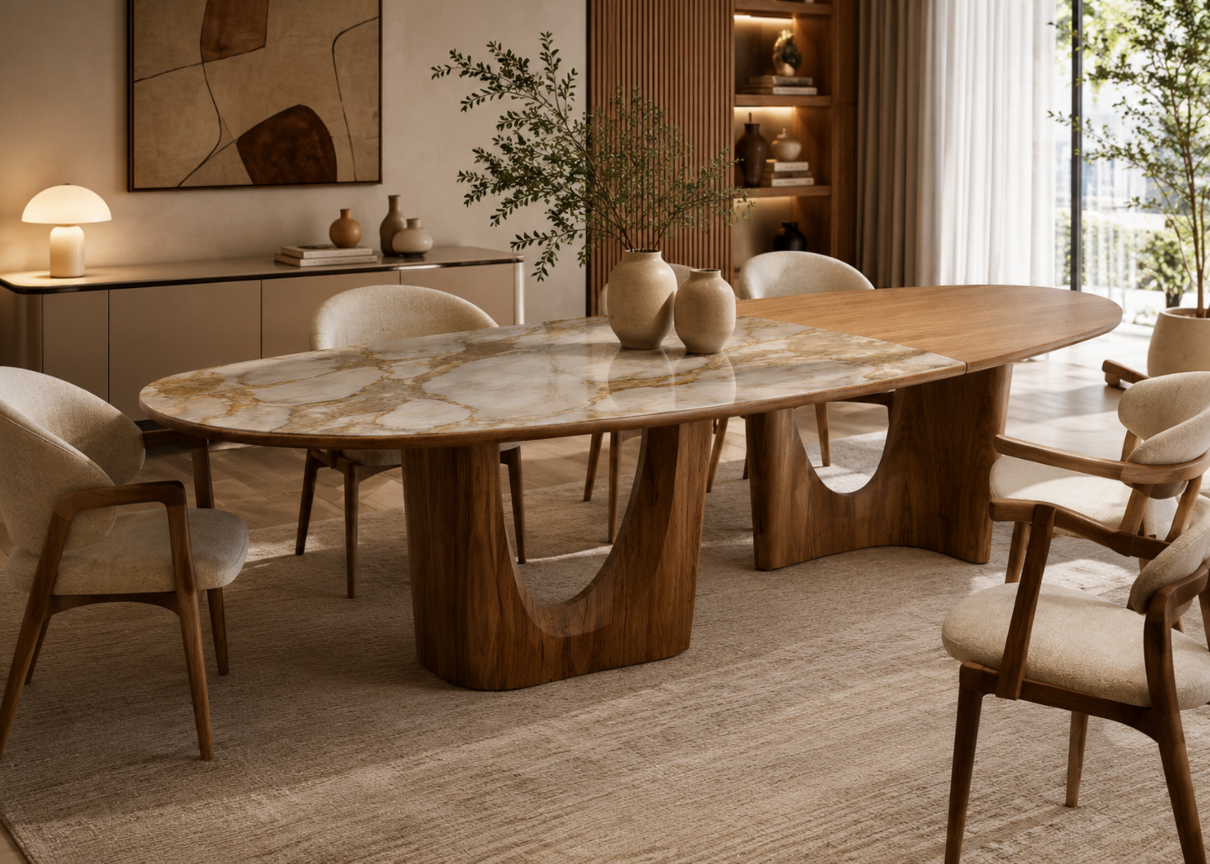 Mesa de Jantar Fusion em madeira com tampo orgânico, acabamento em mármore e base curva, ideal para salas de jantar sofisticadas.