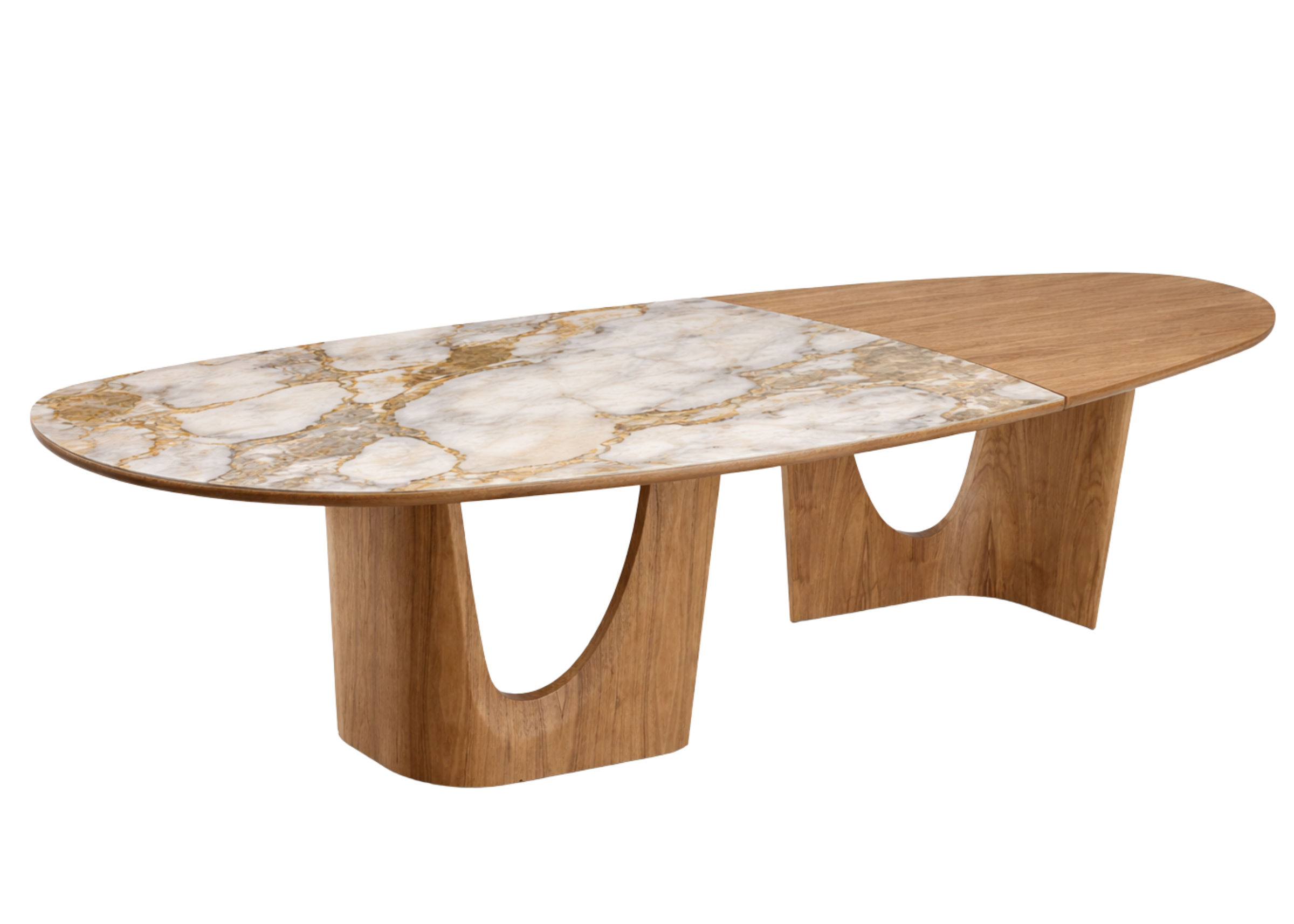 Mesa de Jantar Fusion com tampo em MDF revestido em lâmina de madeira, detalhes em pedra sinterizada e base escultural de design contemporâneo.