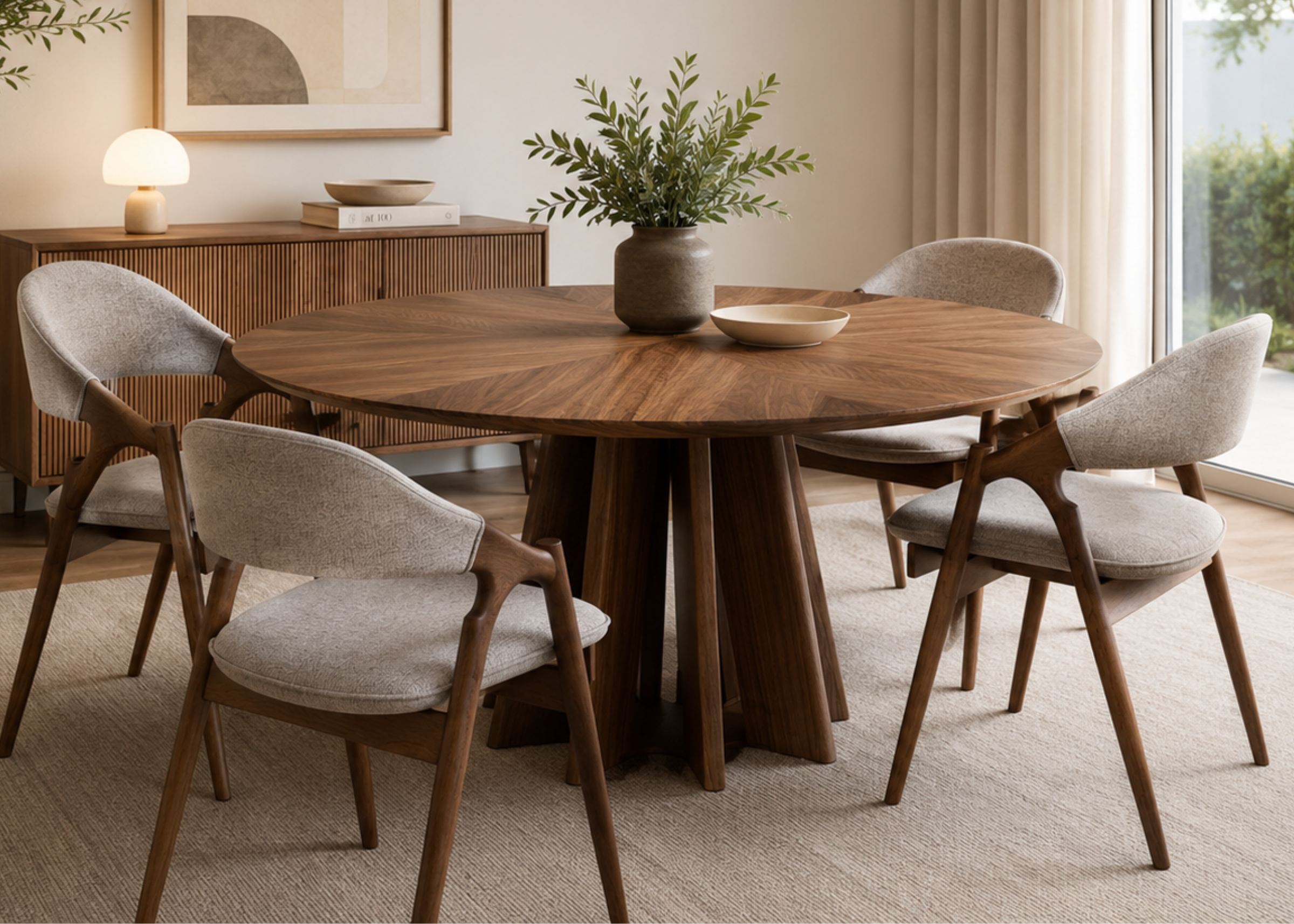 Mesa de jantar moderna Gael com acabamento amadeirado e estrutura escultural para ambientes refinados