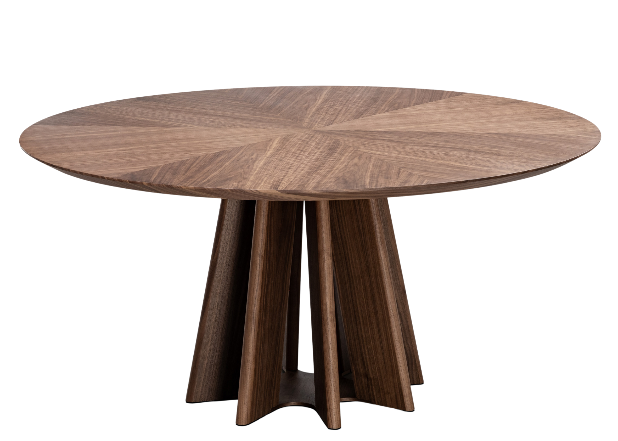 Mesa de Jantar Gael redonda com tampo em lâmina de madeira e base geométrica contemporânea sofisticada