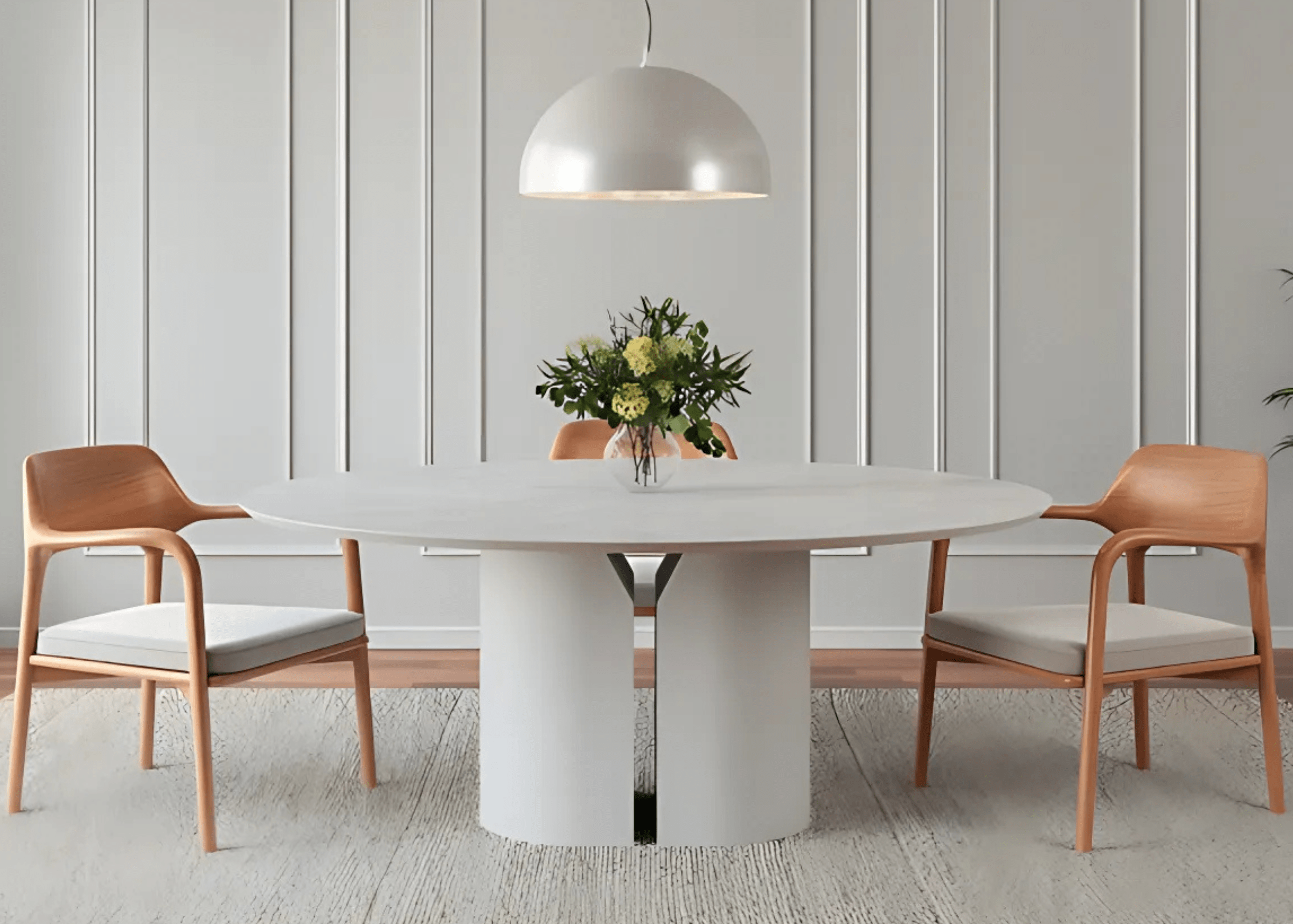 Mesa de Jantar Giza redonda com tampo em laca fosca branca e base geométrica design contemporâneo
