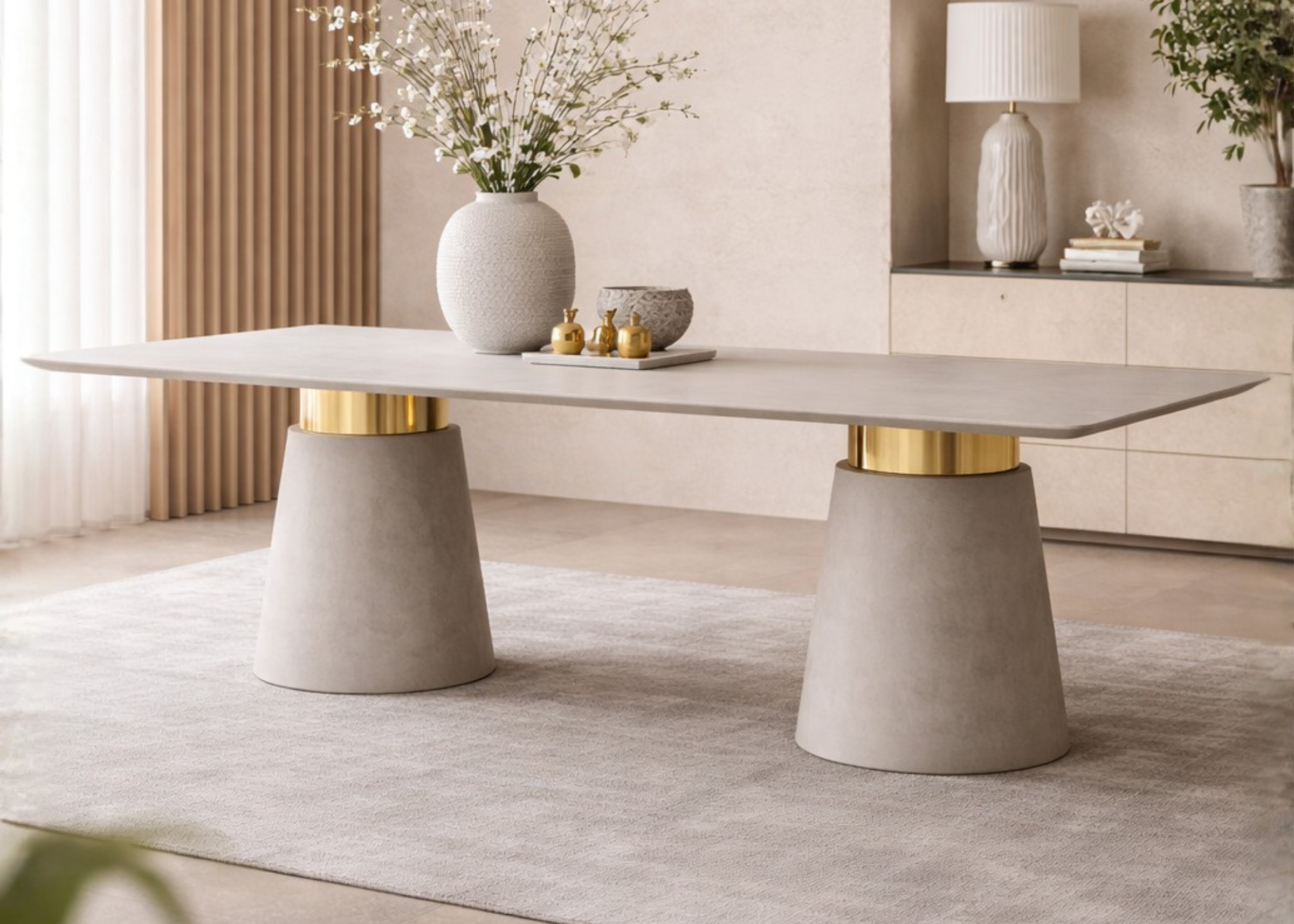 Detalhe da base da mesa Greta em MDF laqueado com acabamento em inox dourado, sofisticação e design contemporâneo.
