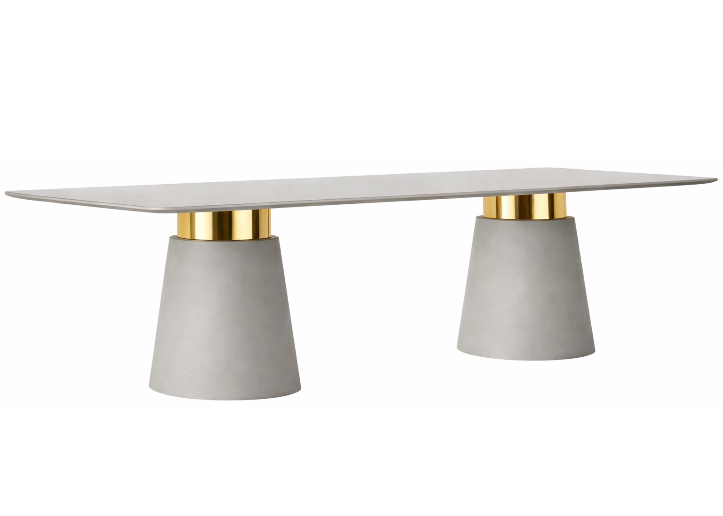 Mesa de jantar Greta com tampo em laca e vidro, base em MDF laqueado e detalhe em inox dourado, design moderno e elegante.