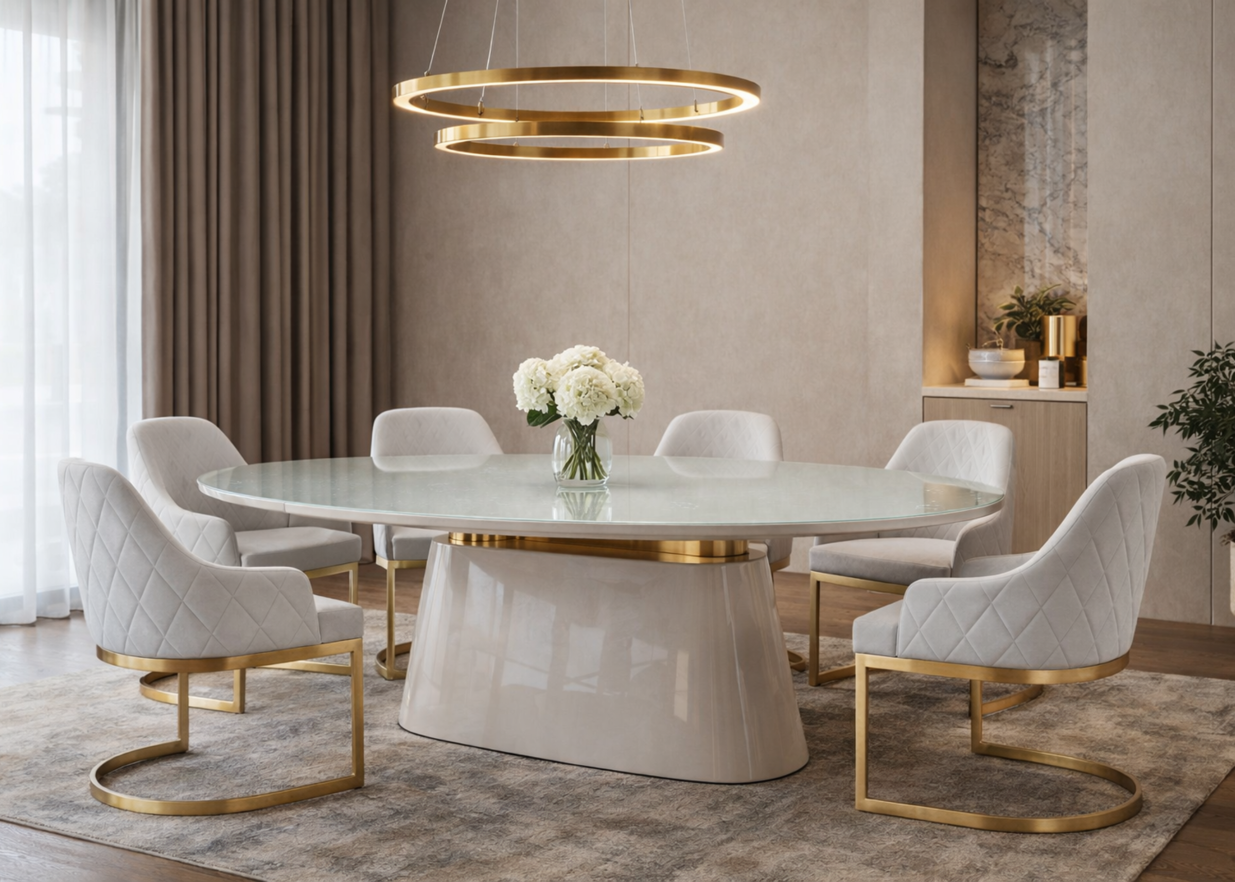 Mesa de jantar oval Favo com tampo em MDF revestido em vidro e base com detalhes em inox, design moderno para ambientes sofisticados.