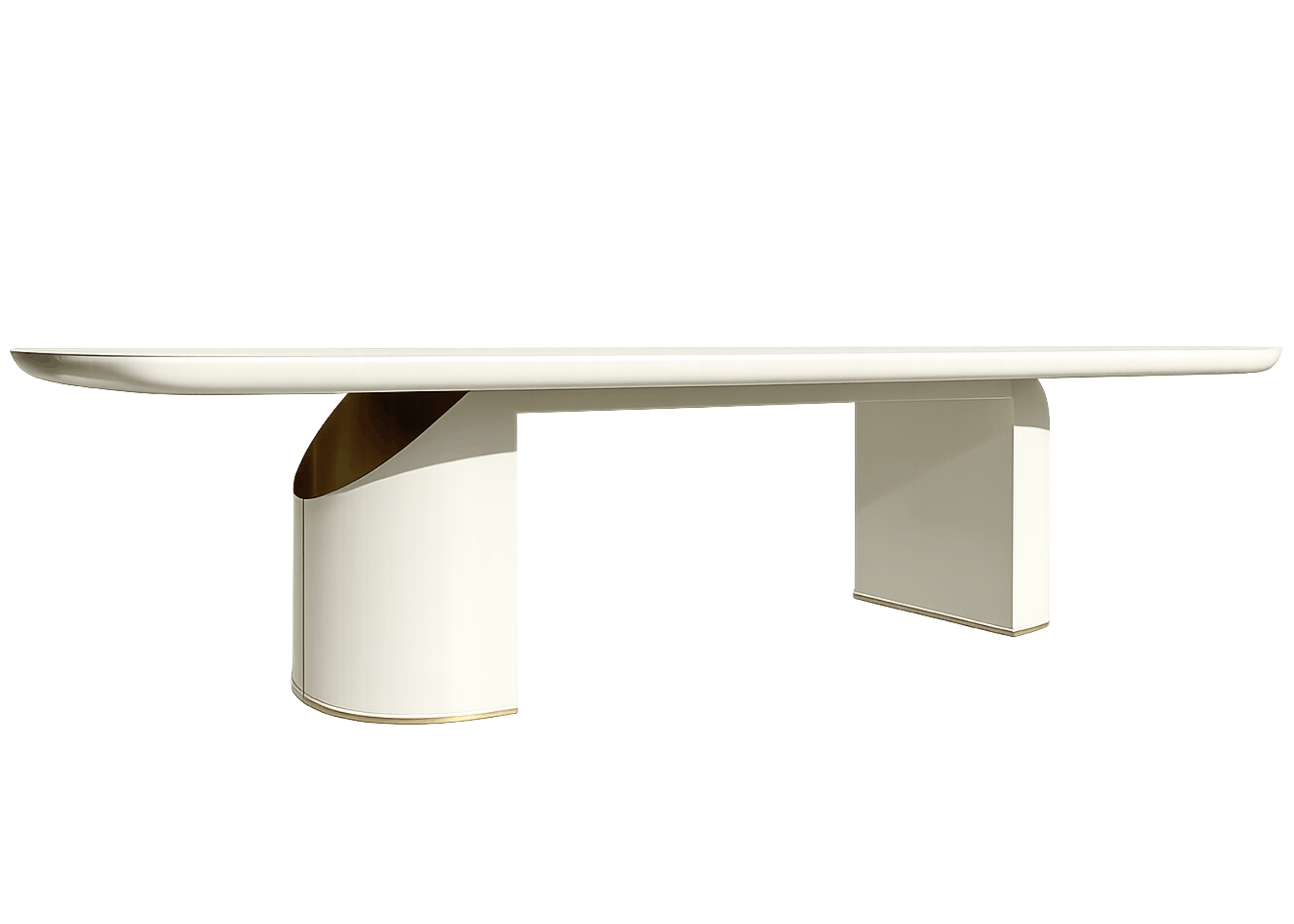 Mesa de Jantar Stein com tampo em laca e vidro e base com detalhe em inox, design escultural e sofisticado para salas de jantar contemporâneas.