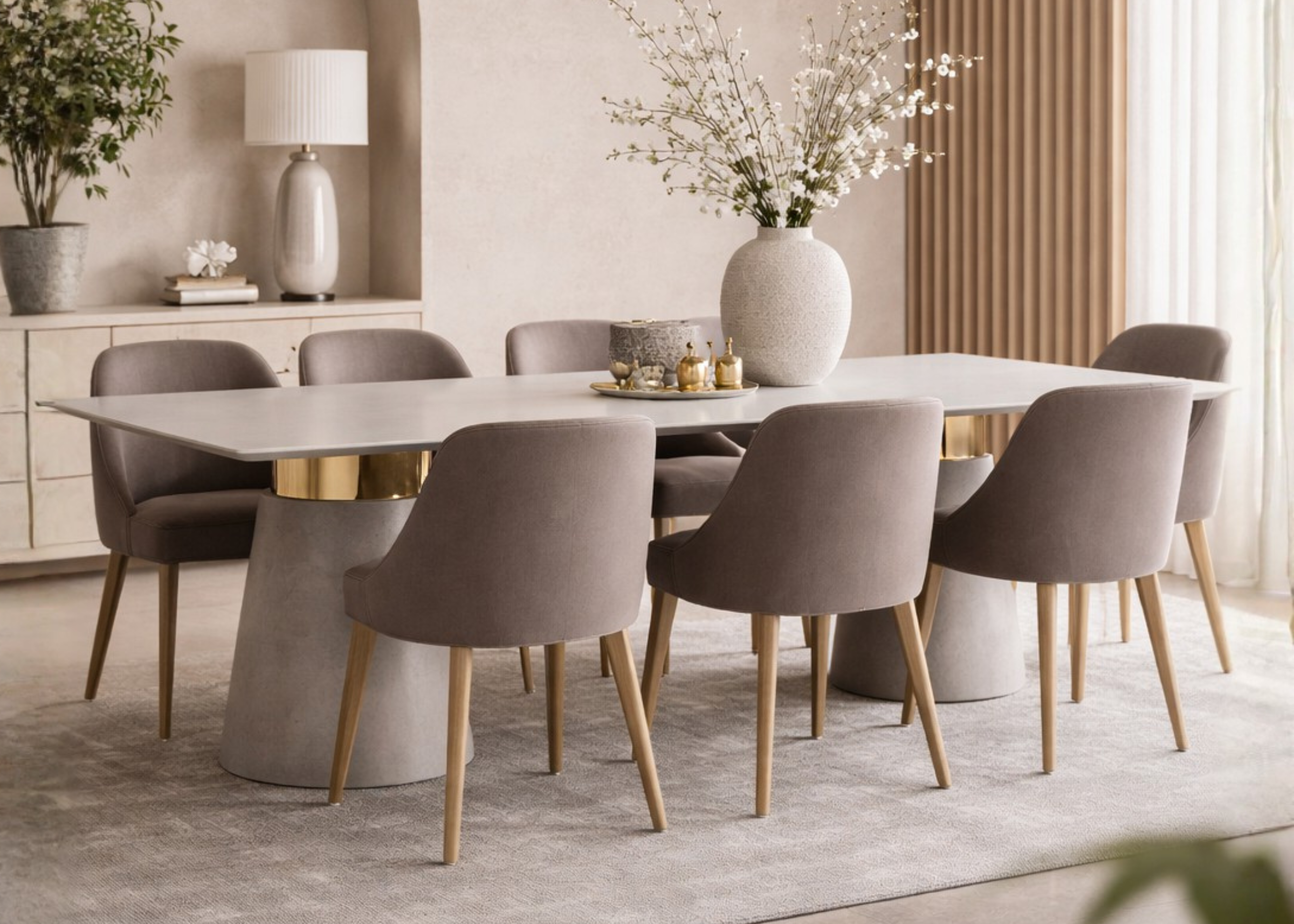 Mesa de jantar Greta com tampo em vidro marmorizado e base robusta em MDF, ideal para ambientes elegantes e atuais.