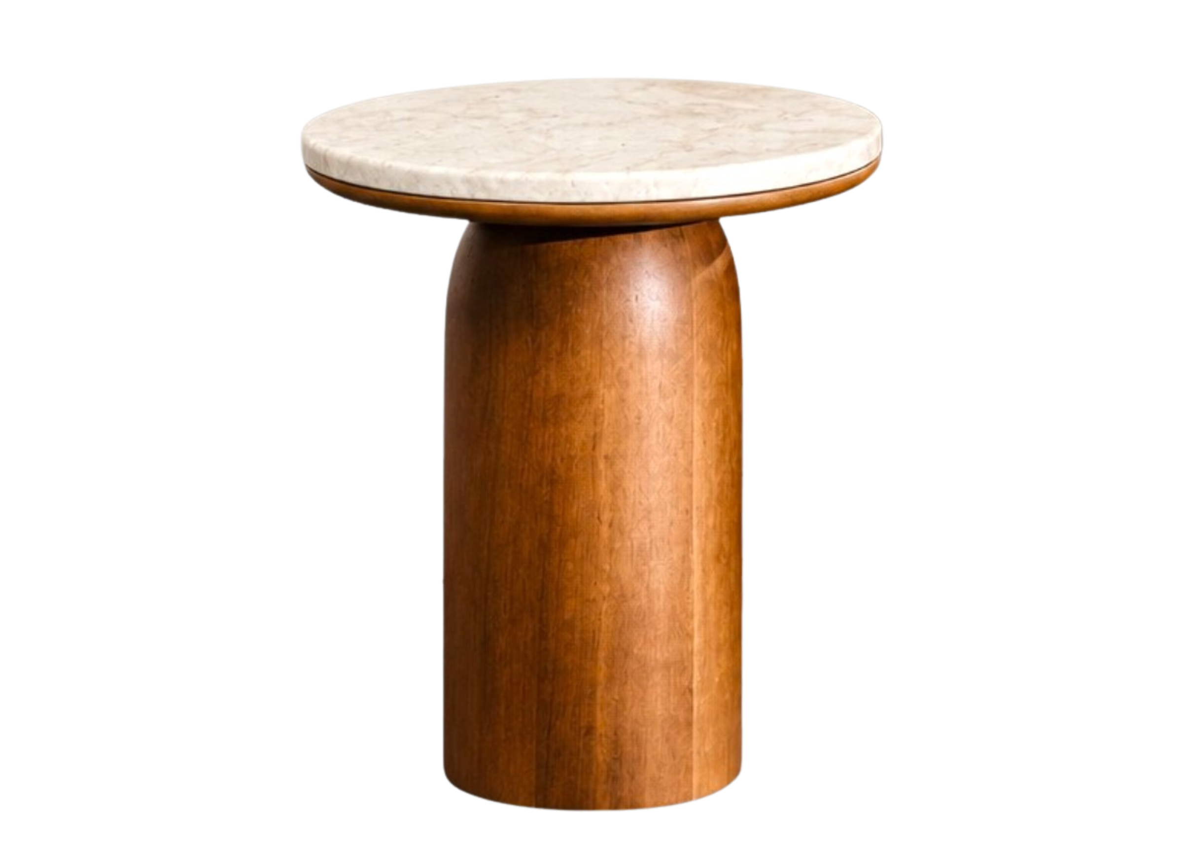 Mesa Lateral Luidy com tampo em mármore e base cilíndrica em madeira, design sofisticado para ambientes contemporâneos