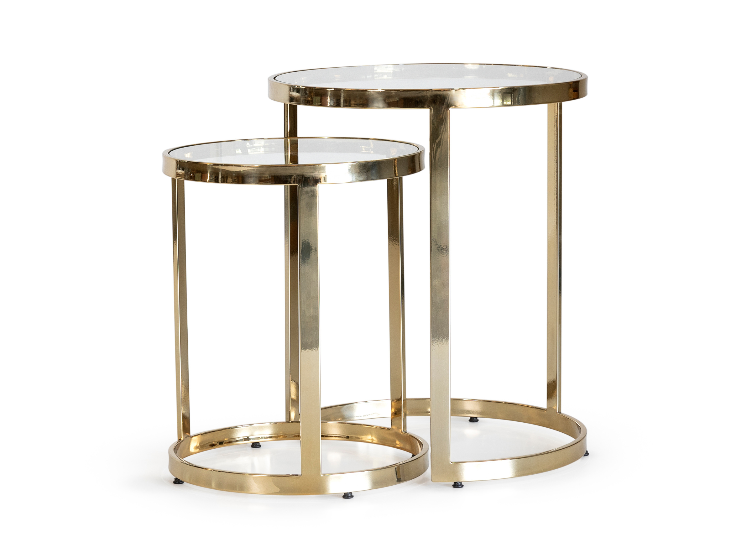 Mesa Lateral Nysa com tampo de vidro incolor e estrutura em aço inox dourado, peça elegante para salas contemporâneas.