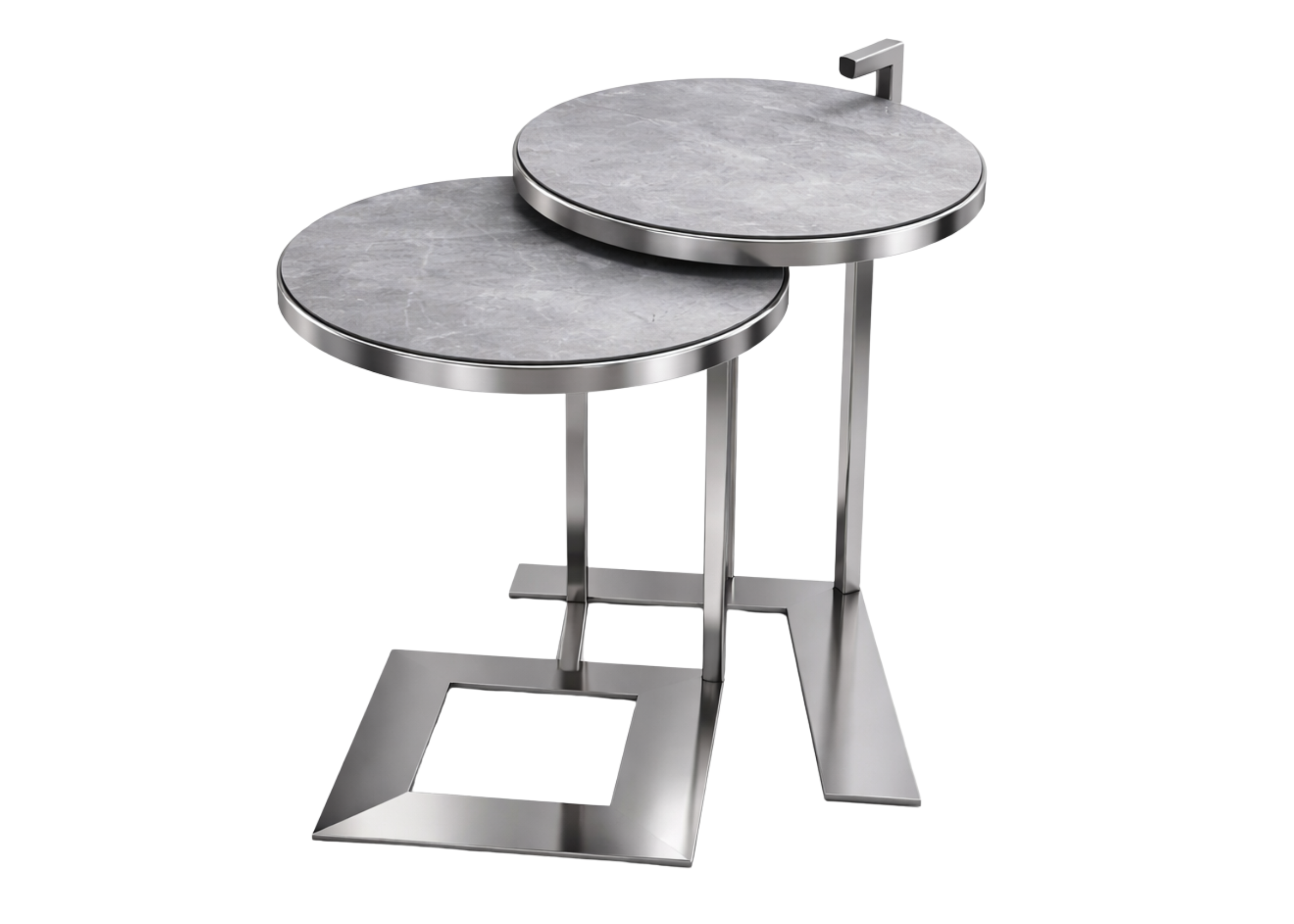 Detalhe da mesa lateral Primme com base em inox 304, destacando durabilidade e design elegante.