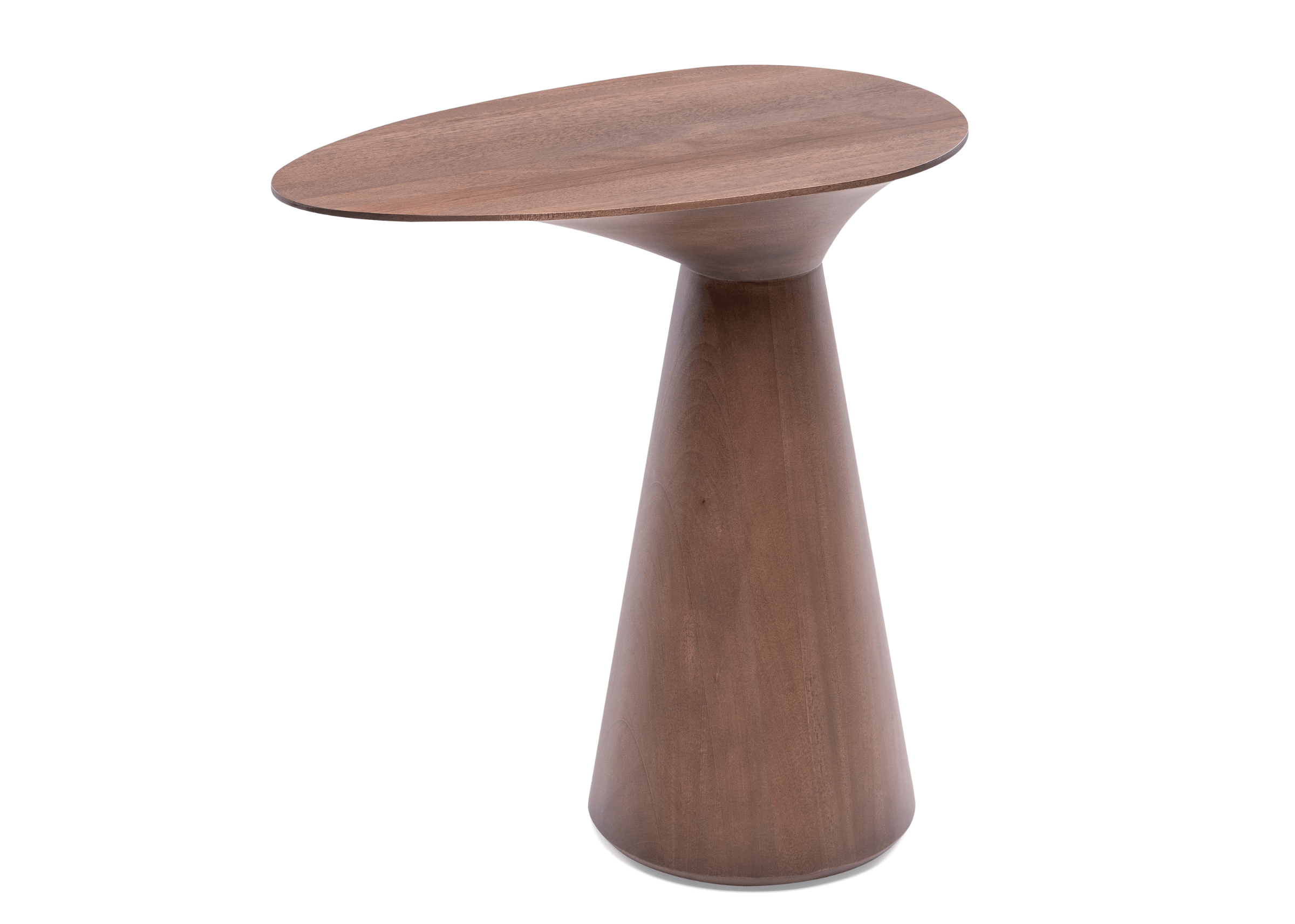 Mesa Lateral Zeus com tampo orgânico e base cônica em madeira.