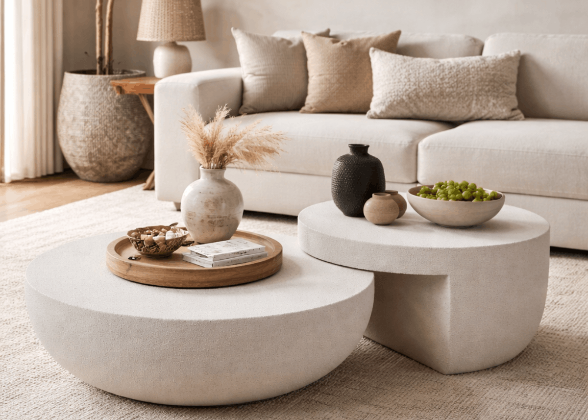 Mesa de Centro Ravi com design minimalista e formas geométricas arredondadas, destaque em decoração contemporânea.