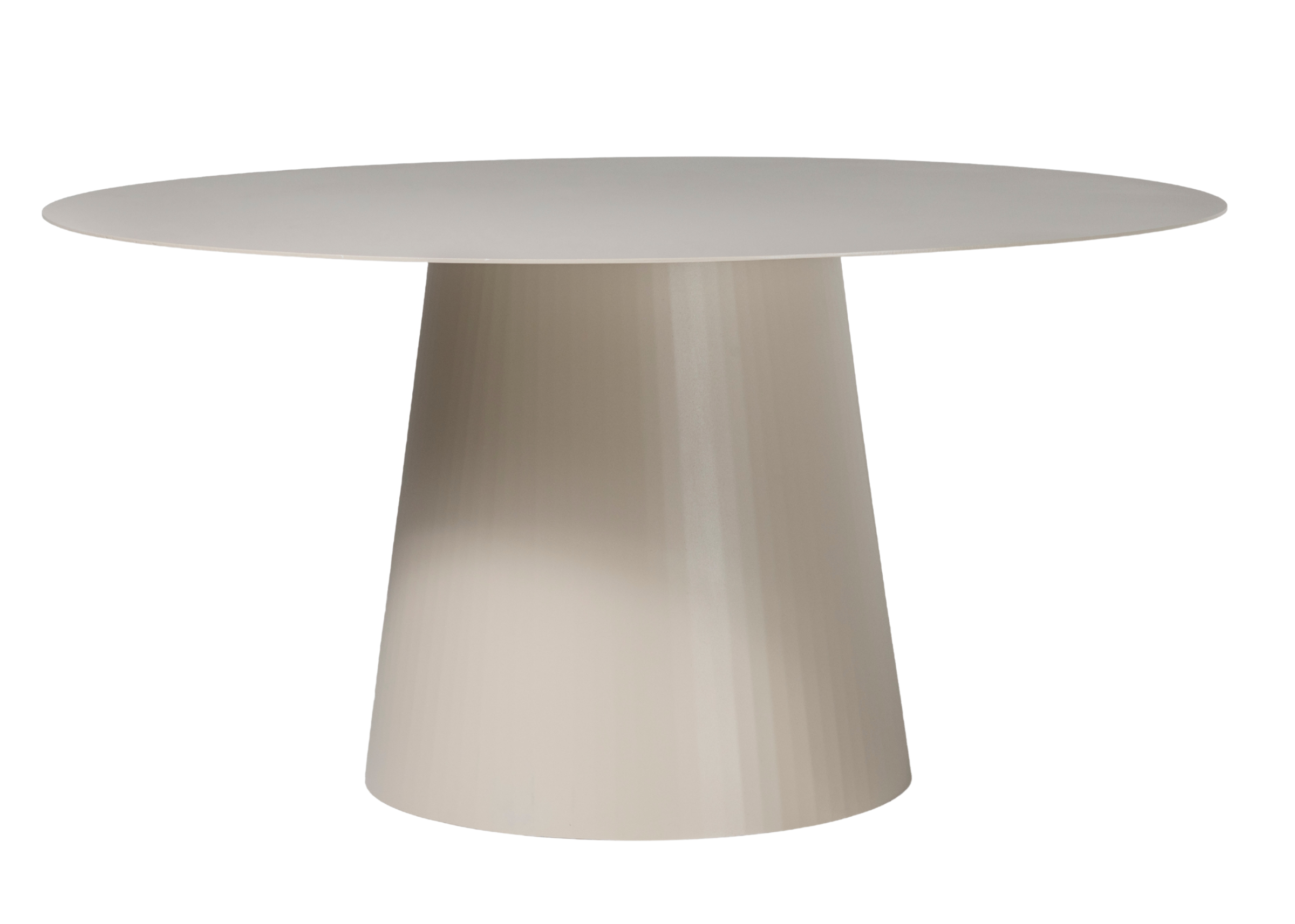 Mesa Redonda Suri em alumínio pintado com base central escultural, design moderno e elegante para salas de jantar e áreas externas.