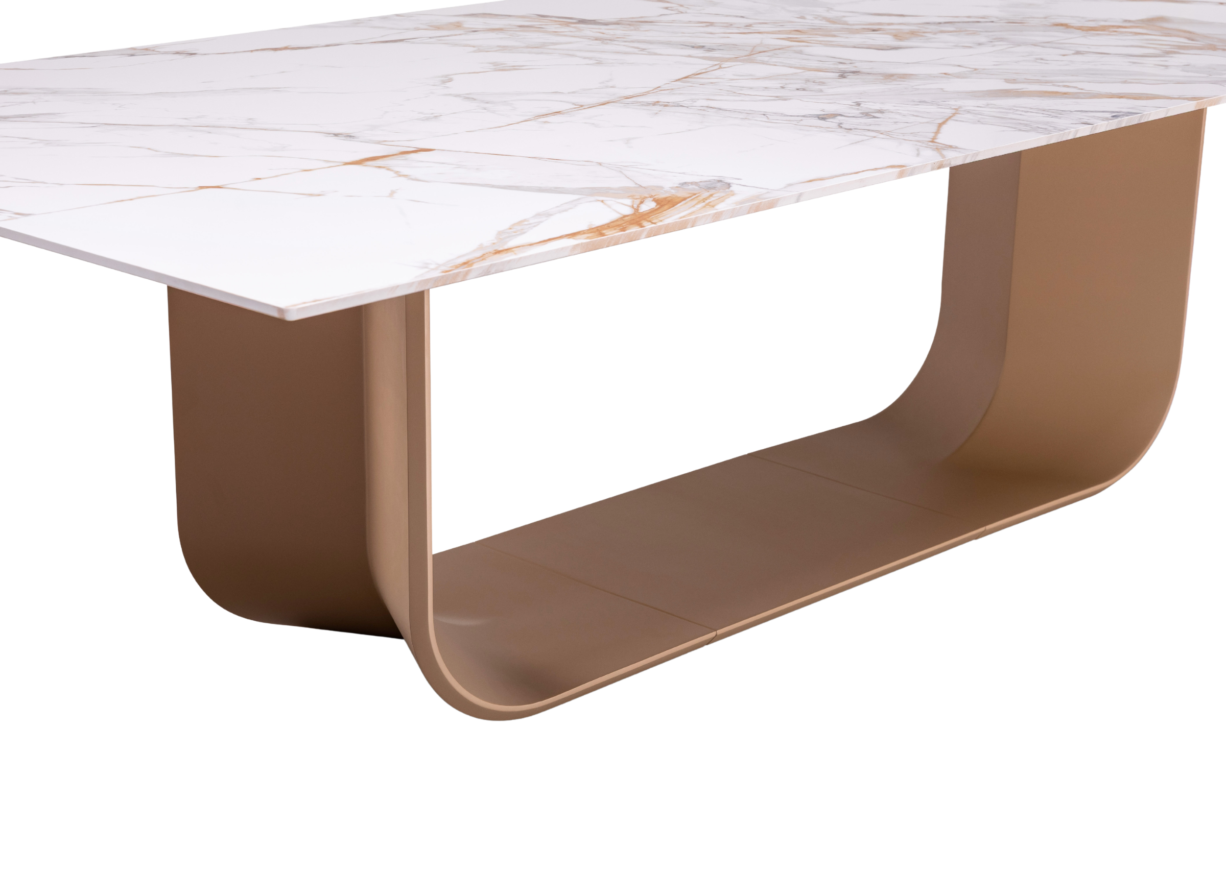 Mesa de Jantar Bell com base arredondada em acabamento laqueado e tampo sofisticado inspirado em pedra sinterizada