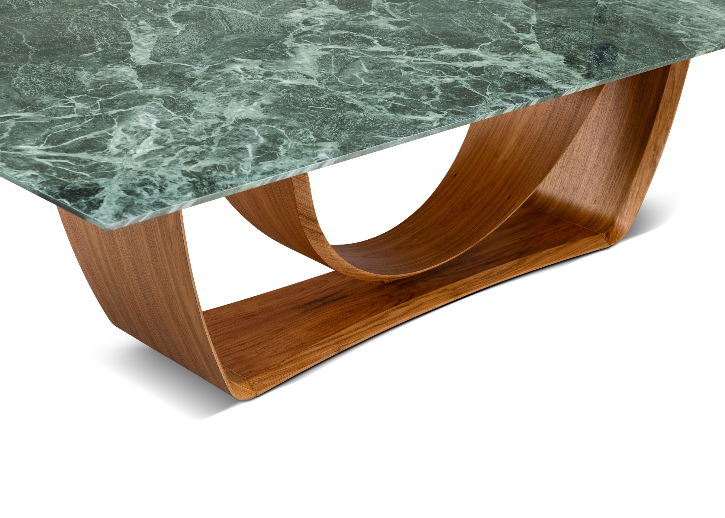 Mesa de Jantar Davi retangular com base escultural em lâmina de madeira e tampo marmorizado elegante