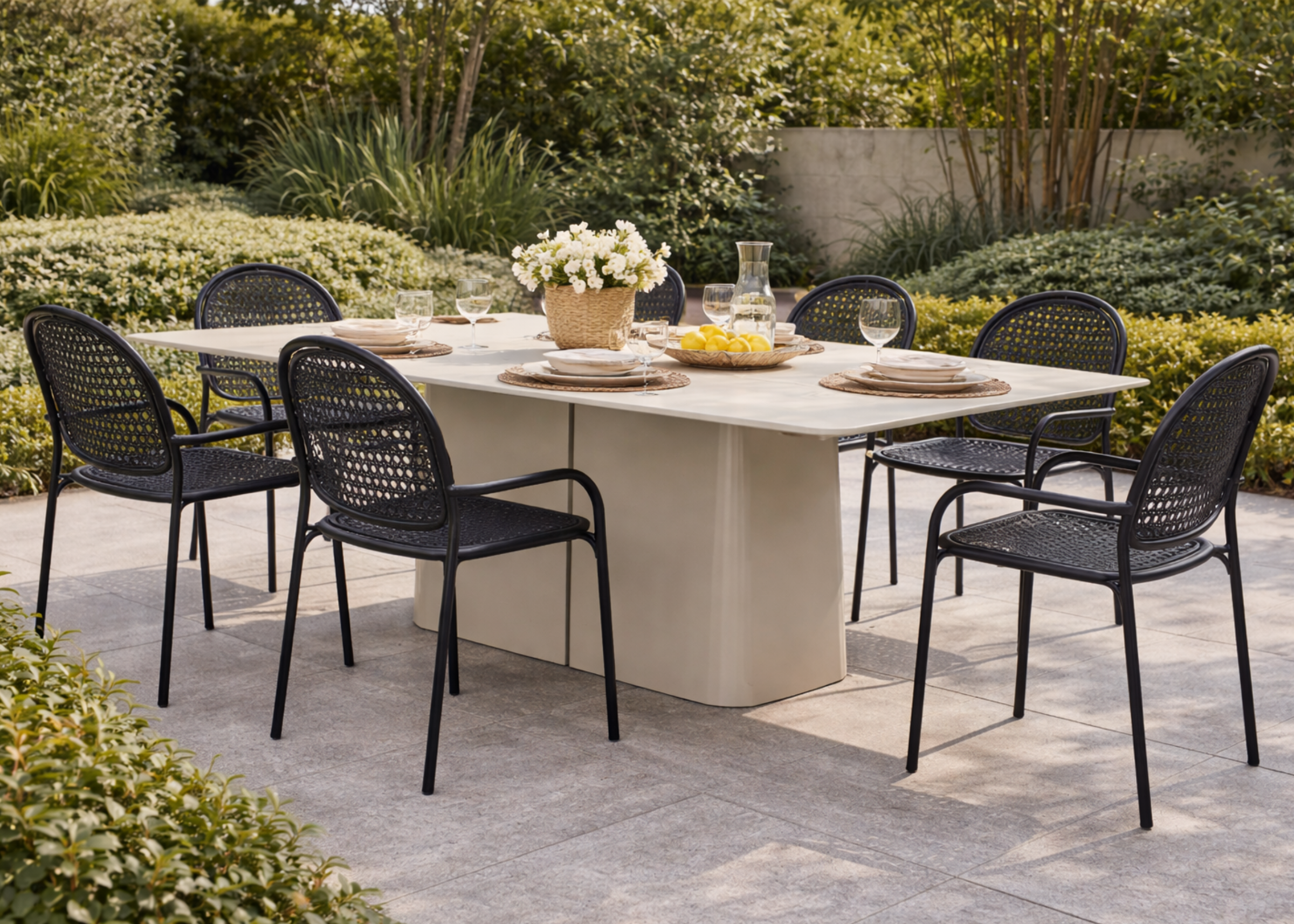 Mesa Suri em ambiente integrado, perfeita para varandas gourmet e espaços modernos com elegância e funcionalidade.