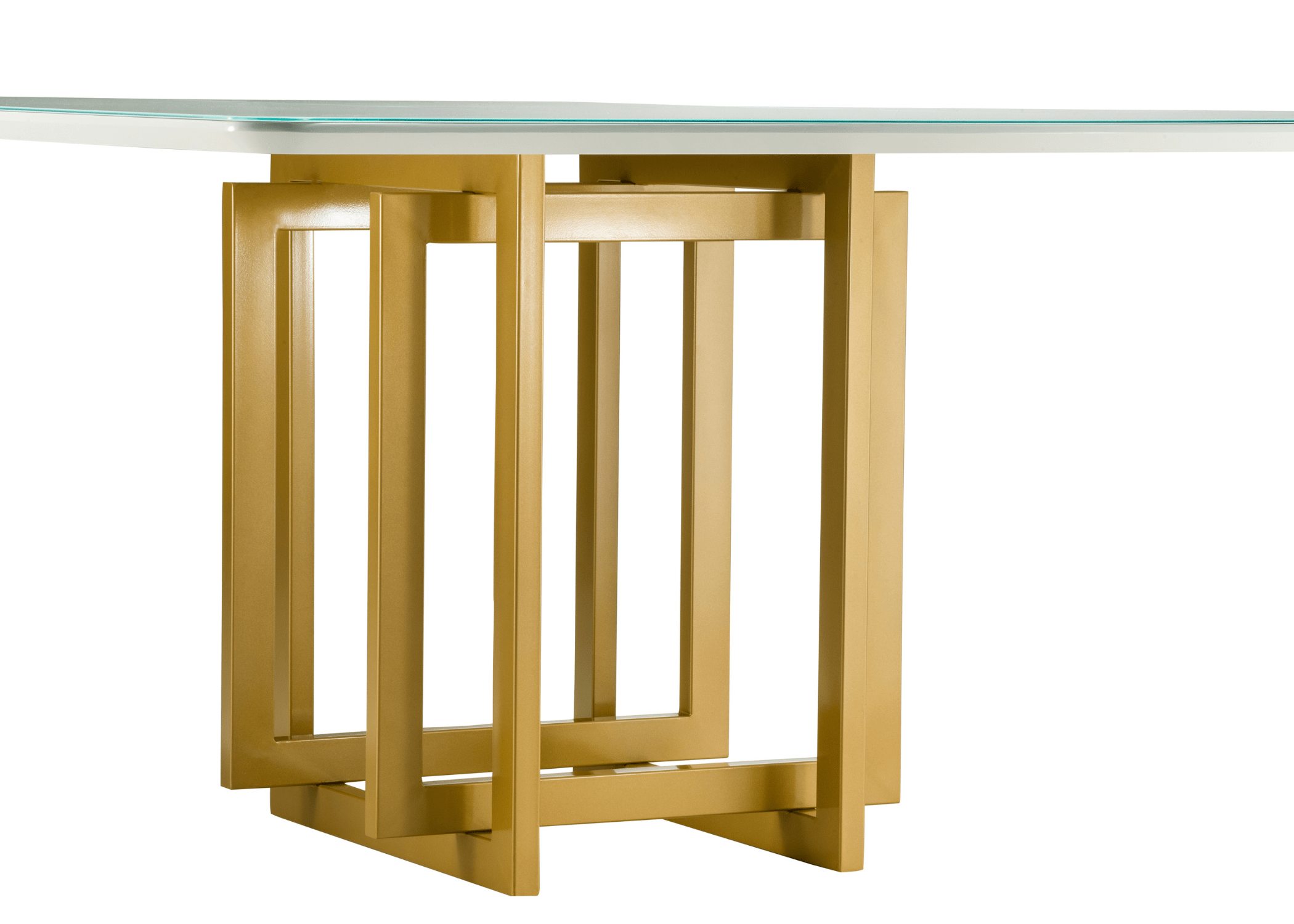 Detalhe da base de aço carbono da mesa de jantar Girassol, expressando modernidade e sofisticação.