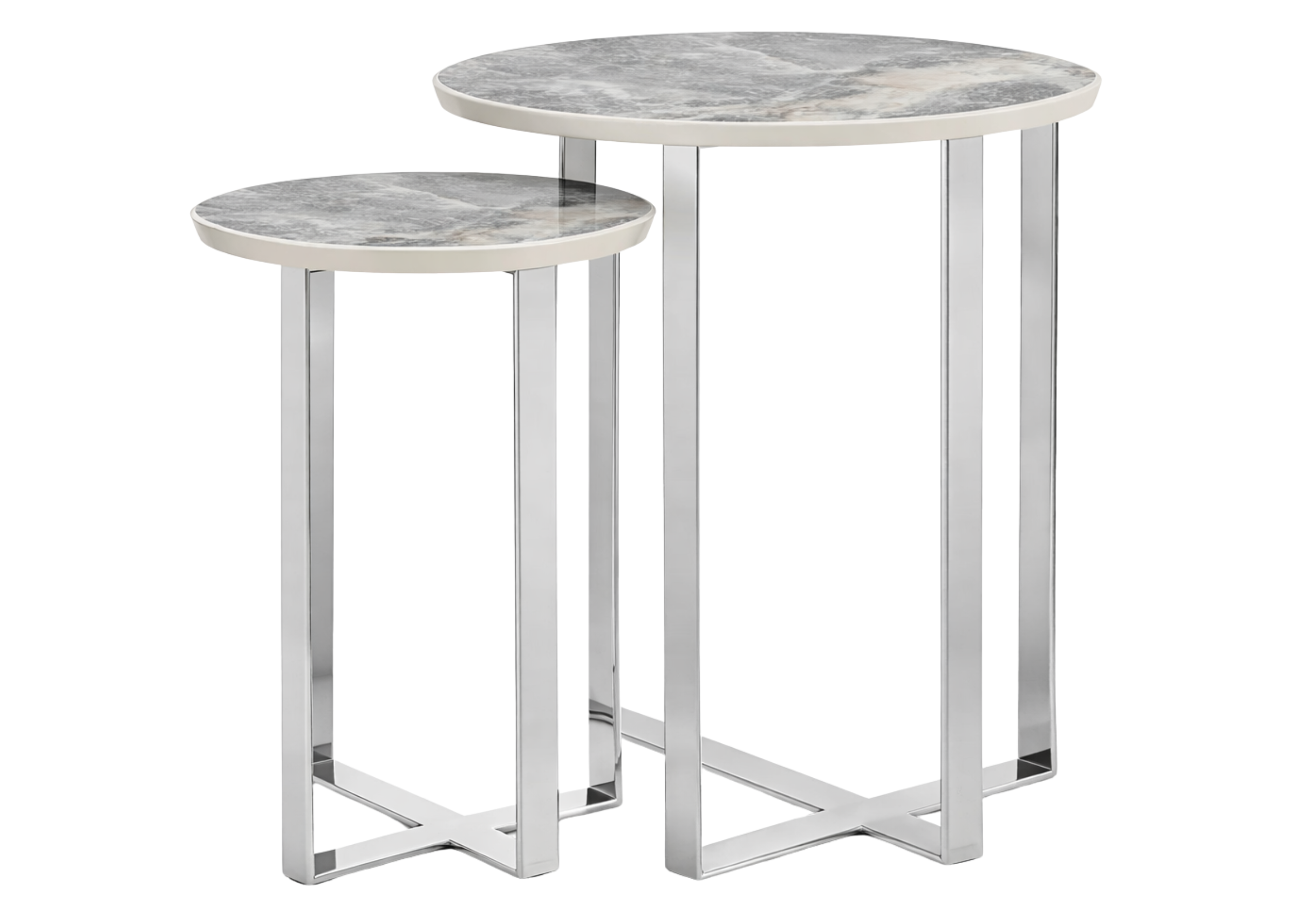 Mesas Dreams com acabamento em laca ou vidro marmorizado e base metálica elegante, ideais para ambientes contemporâneos.