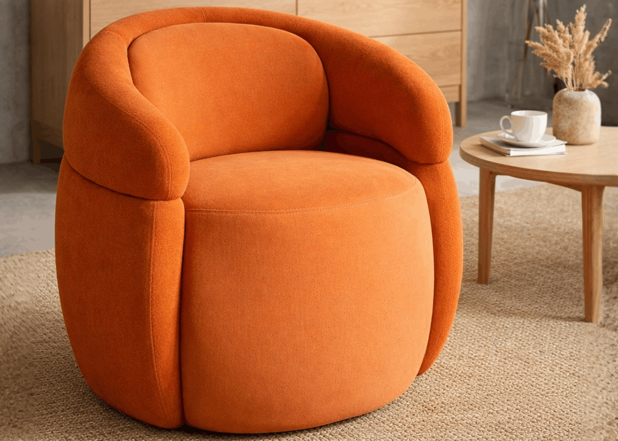 Poltrona Giratória Luci de design escultural com volumes arredondados e estofamento sofisticado, ideal para ambientes contemporâneos.