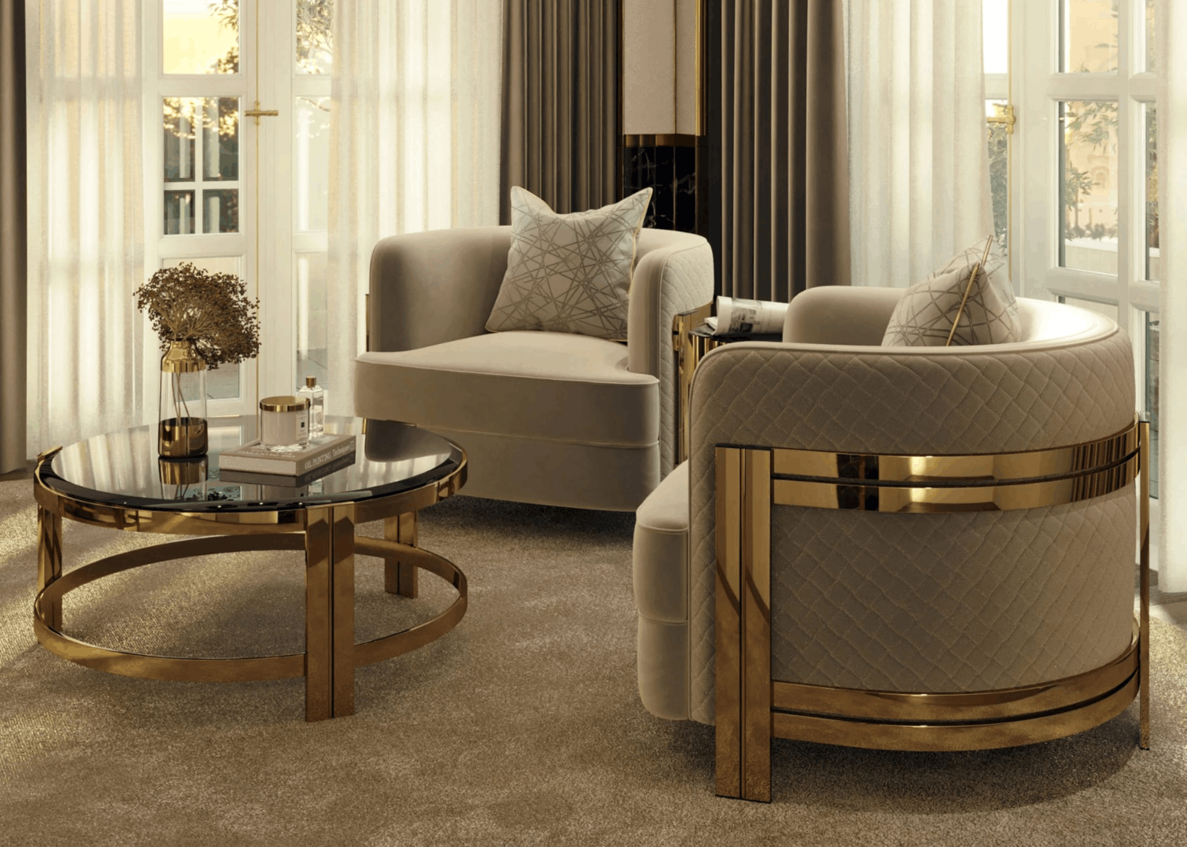 Poltrona Juliett com estrutura em aço inox 304 e estofamento confortável, design moderno para salas elegantes e contemporâneas.