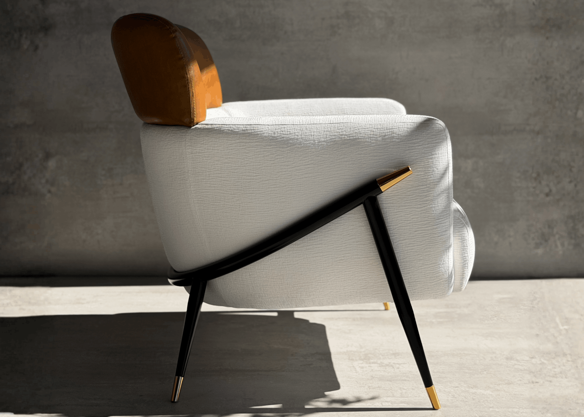 Poltrona Medelin estofada, combinação de couro e tecido, base laqueada com detalhes em metal dourado, conforto e elegância.